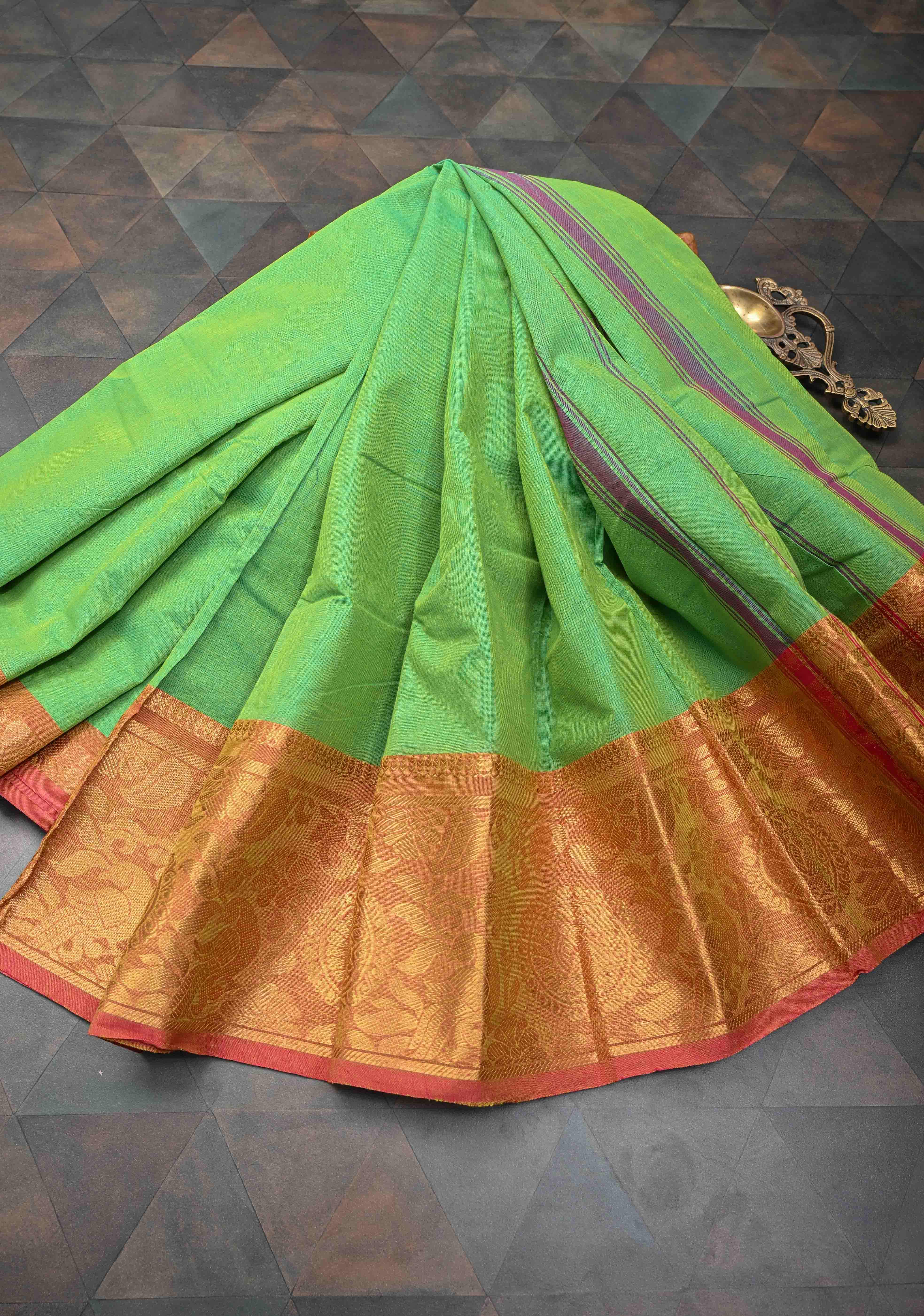 Neon Green Kanchi Cotton Saree with Contrast Zari Border | No Blouse piece | Shobitam