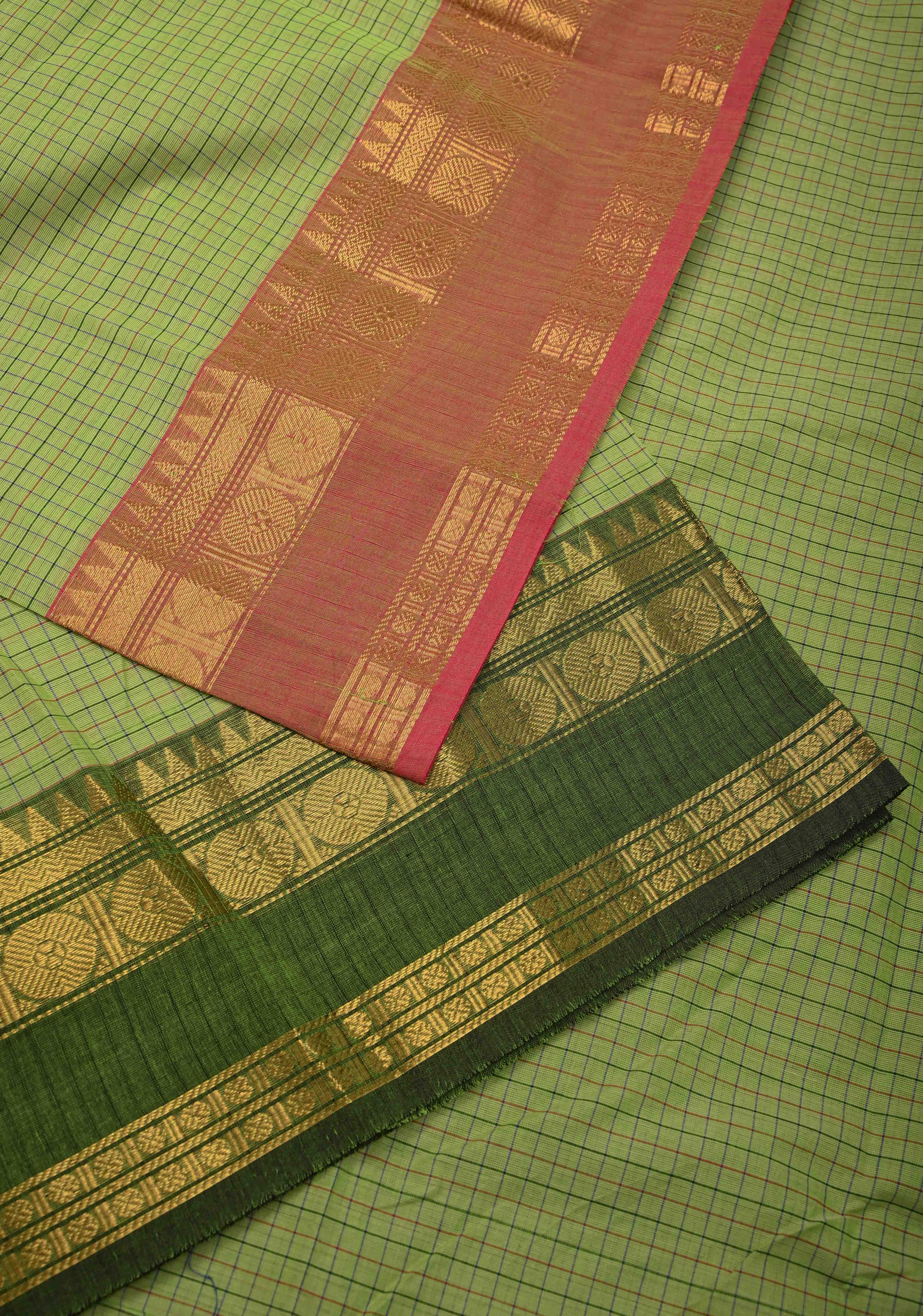 Pista Green Cotton Saree with Checks Pattern and Ganga Jamuna Border, No Blouse piece | Shobitam