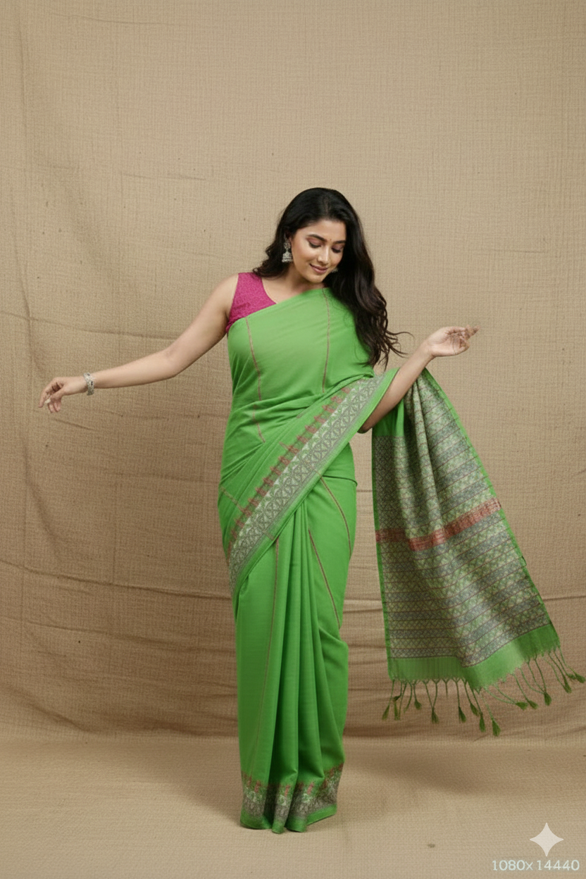 Parrot Green Khesh Kantha Cotton Saree | Shobitam