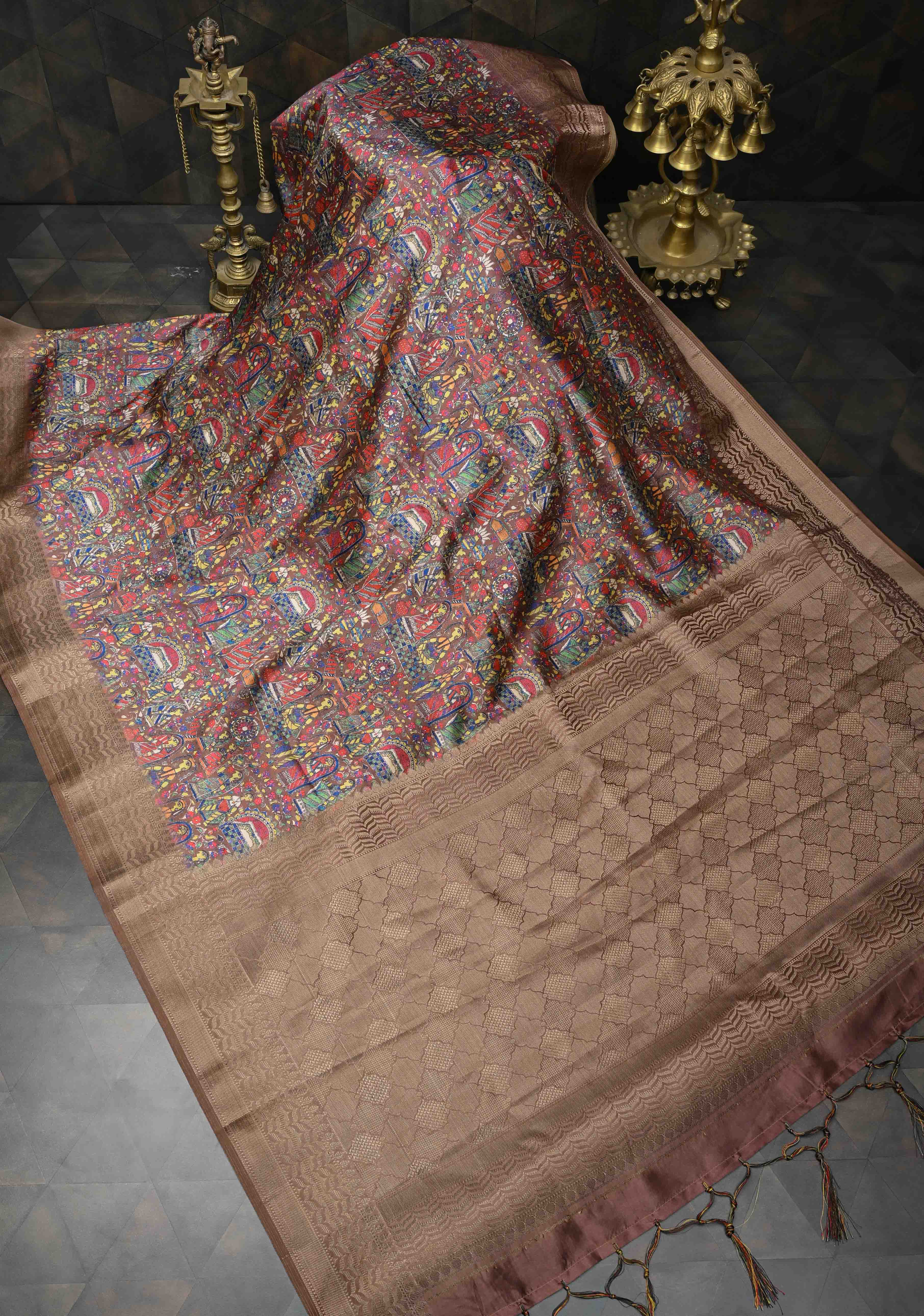 Brown Art Silk Saree with Kalamkari Digital Print and Antique Zari Border | Shobitam