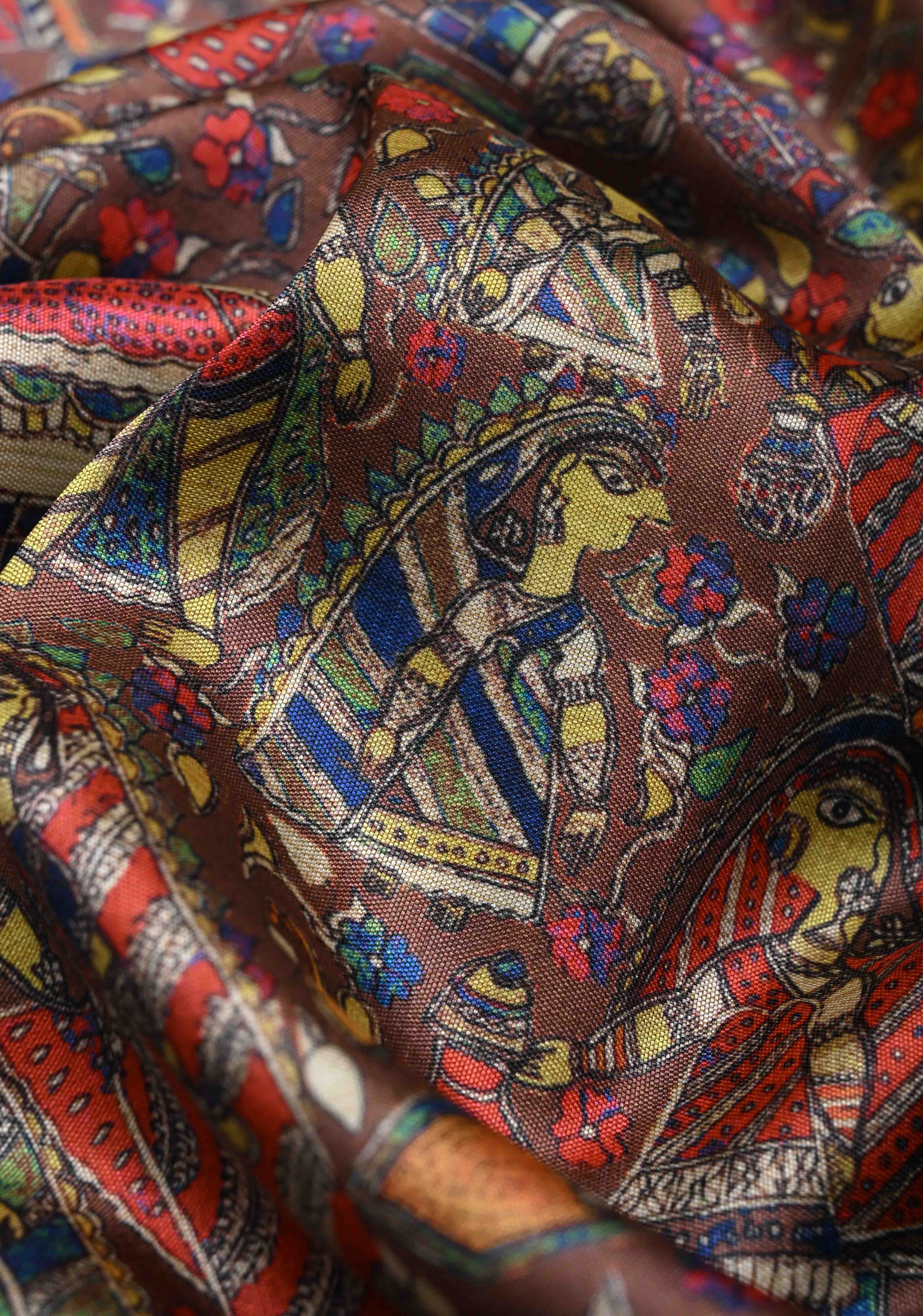 Brown Art Silk Saree with Kalamkari Digital Print and Antique Zari Border | Shobitam