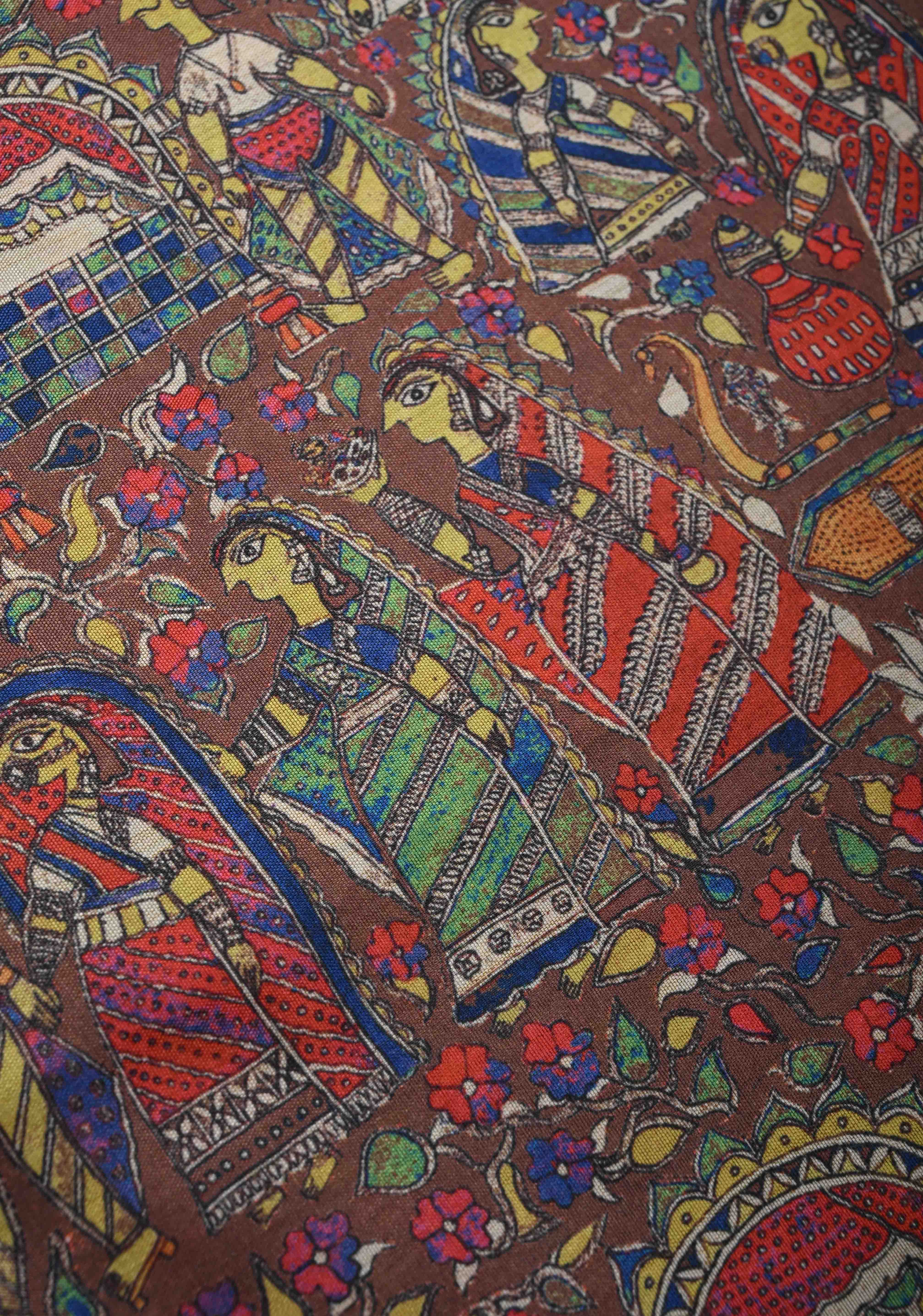Brown Art Silk Saree with Kalamkari Digital Print and Antique Zari Border | Shobitam