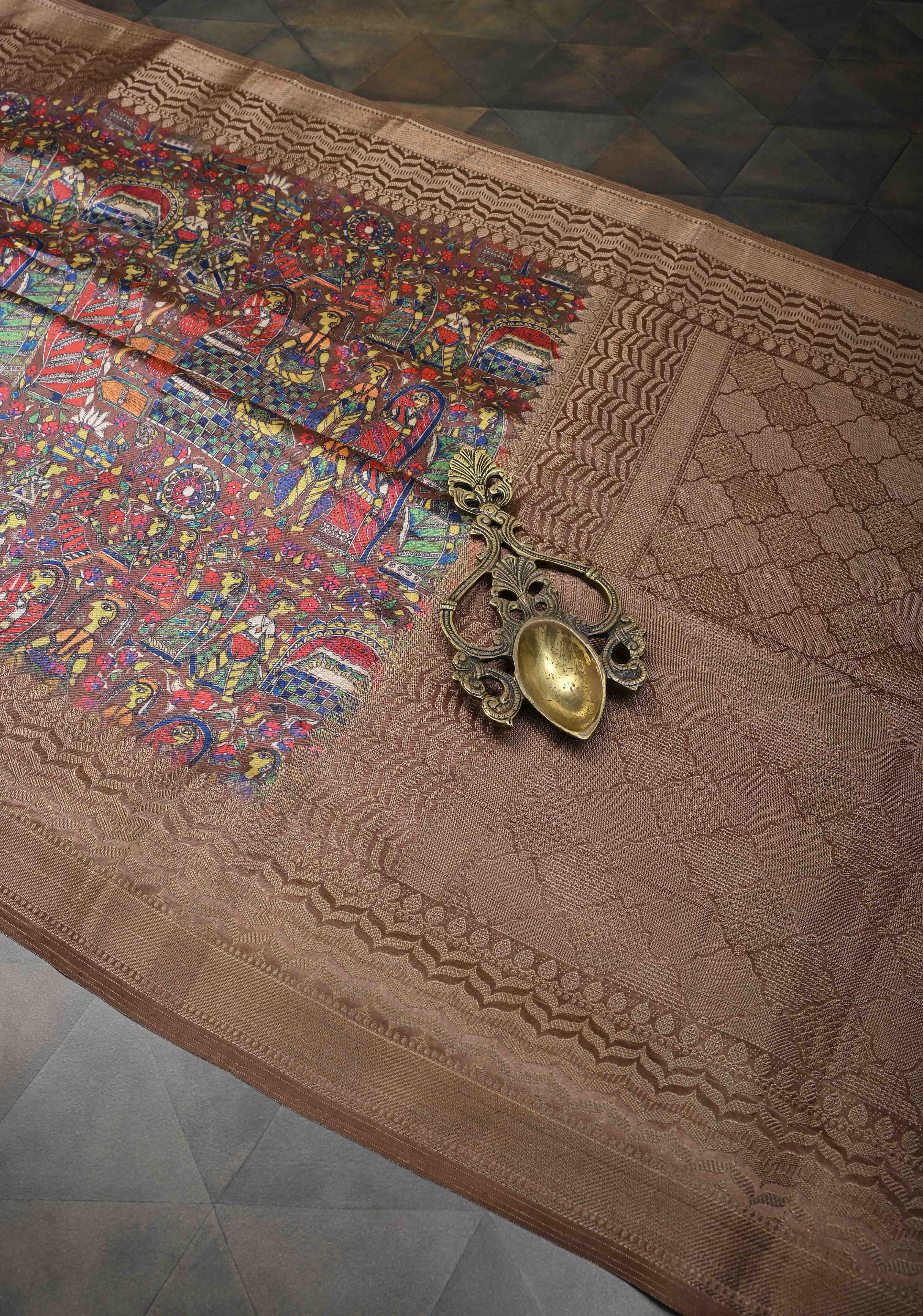 Brown Art Silk Saree with Kalamkari Digital Print and Antique Zari Border | Shobitam