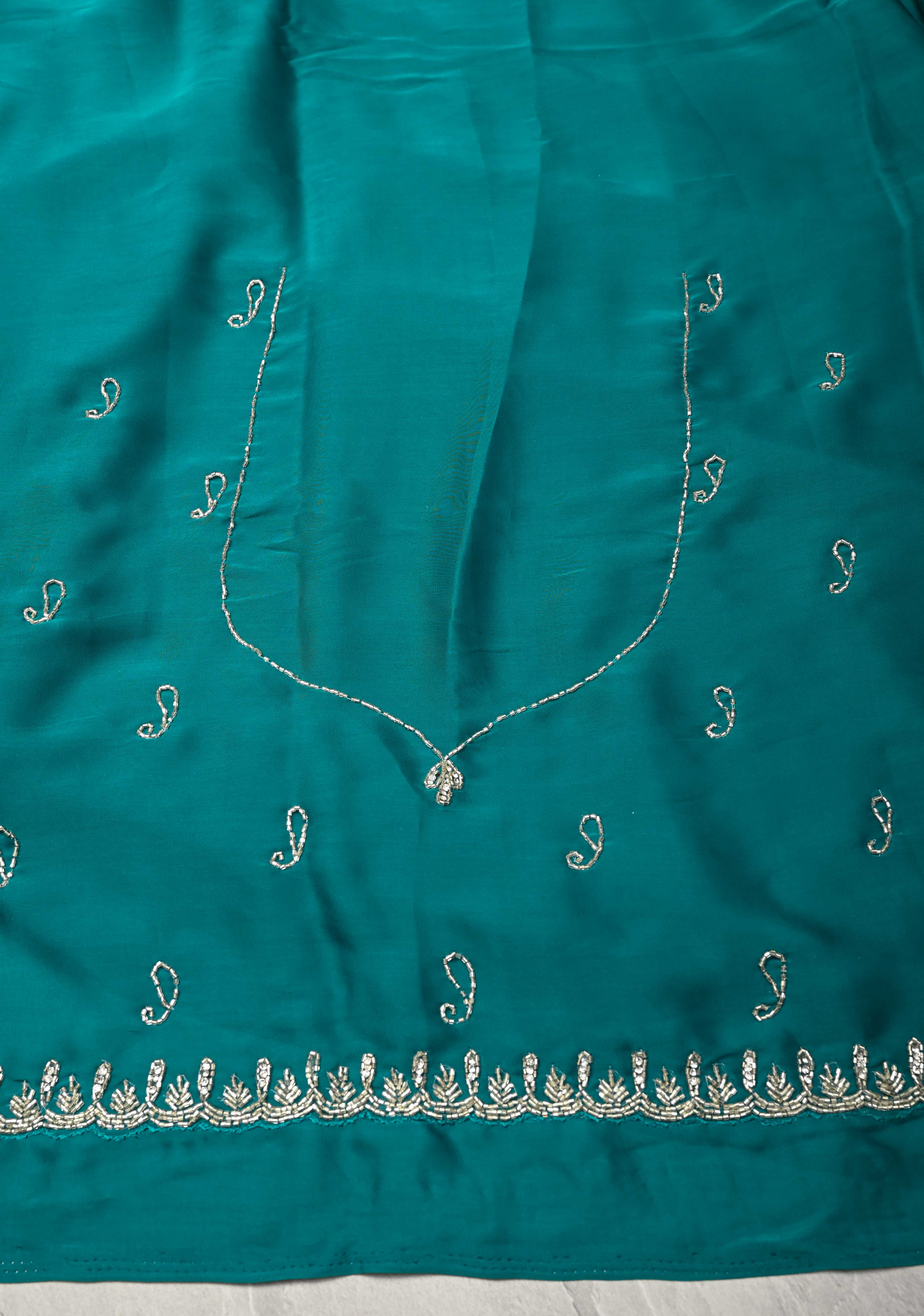 Teal  Satin Geoergette Saree with minimal cutdana borders | Shobitam