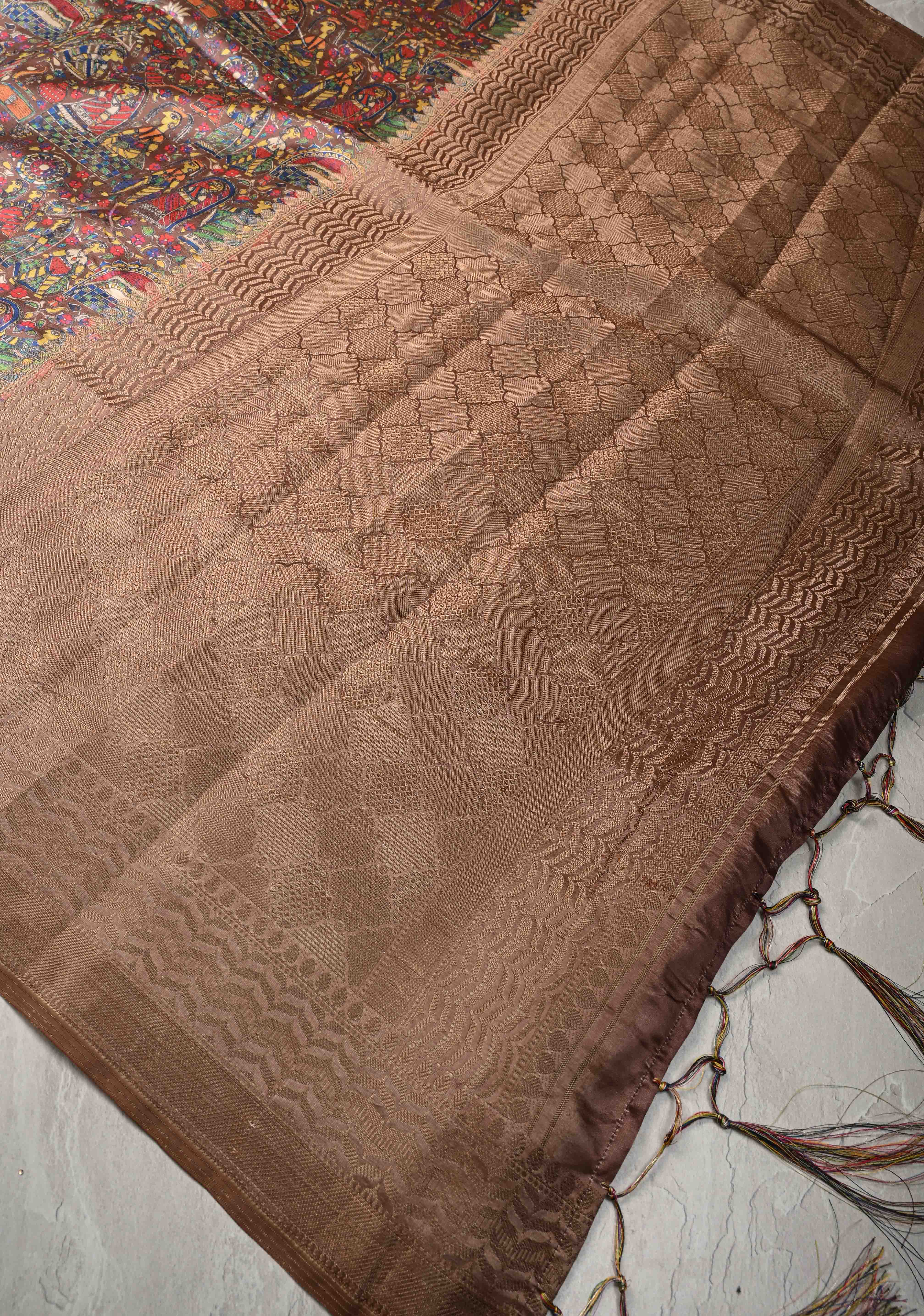 Semi Tussar Silk Saree with Kalamkari Digital Print in Dark Brown | Shobitam