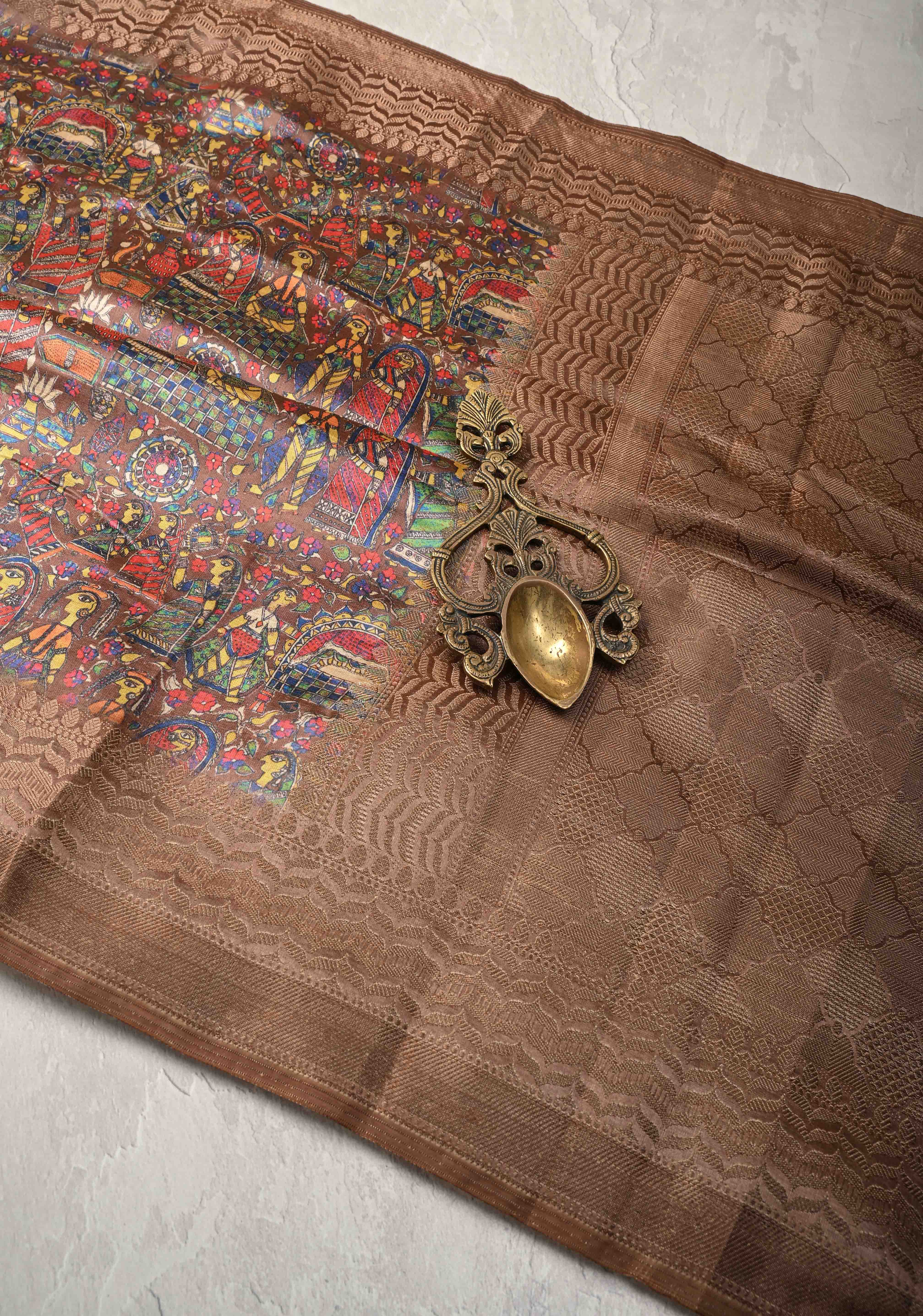 Semi Tussar Silk Saree with Kalamkari Digital Print in Dark Brown | Shobitam