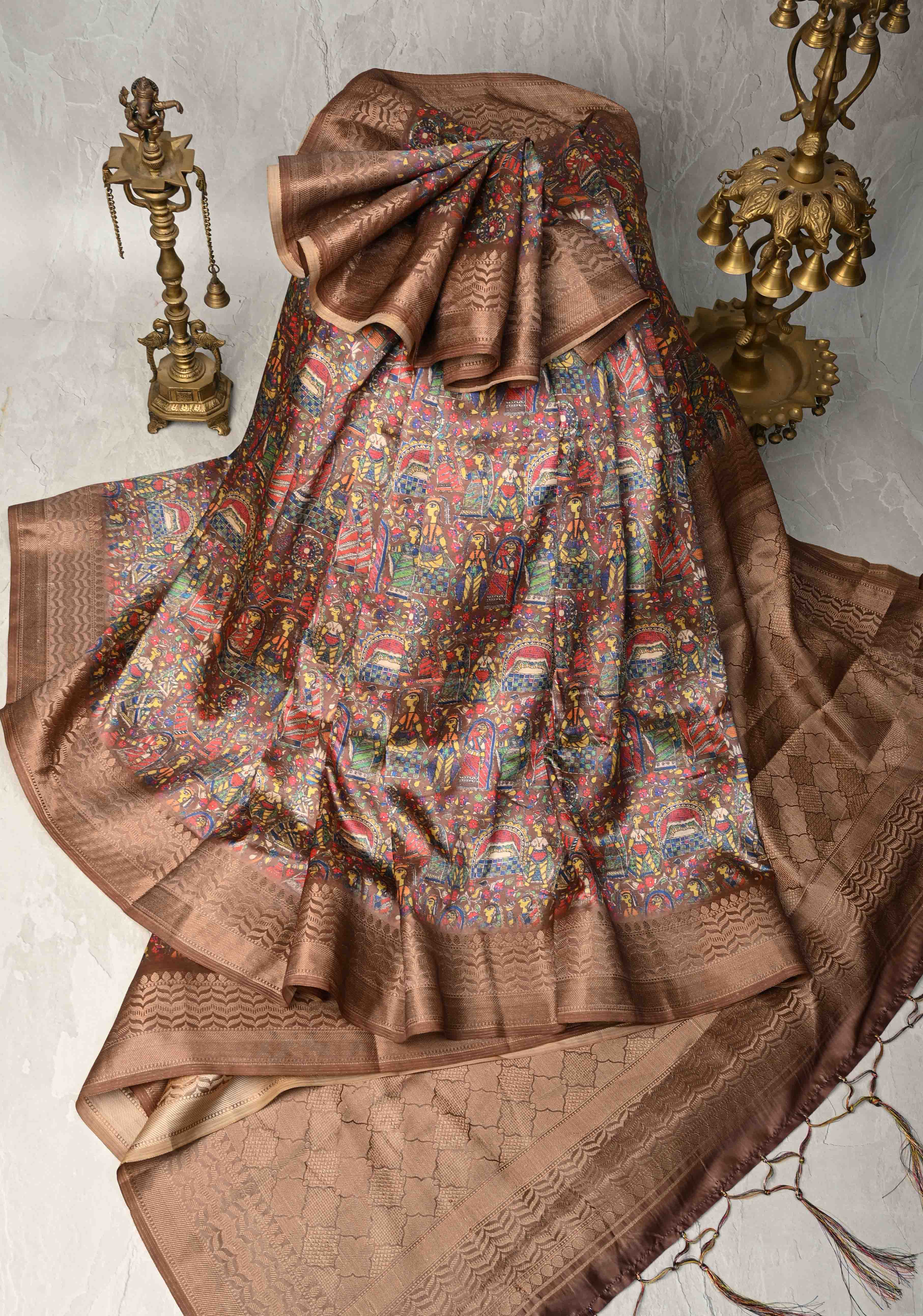 Semi Tussar Silk Saree with Kalamkari Digital Print in Dark Brown | Shobitam