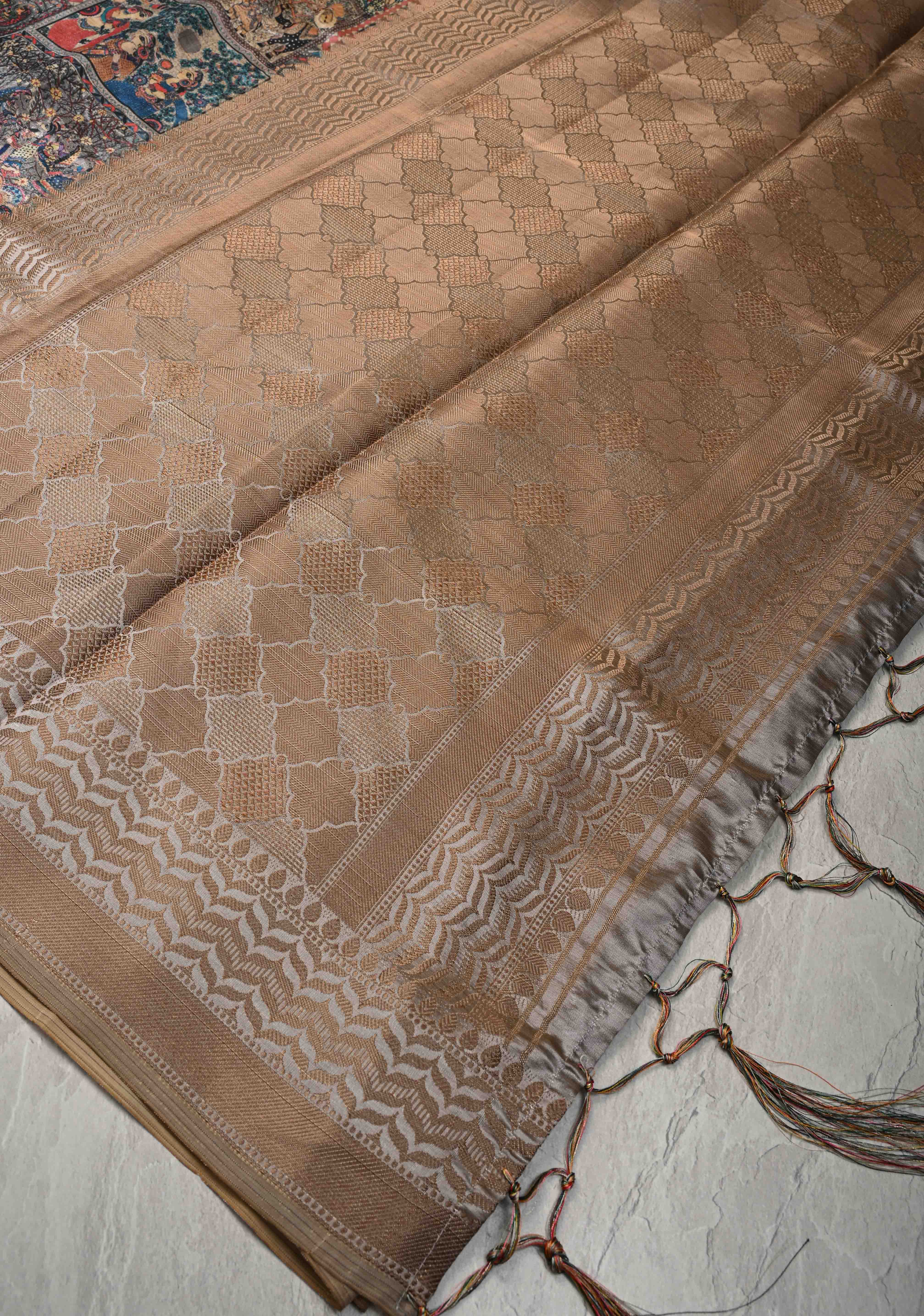 Semi Tussar Silk Saree with Kalamkari Digital Print in Gray | Shobitam