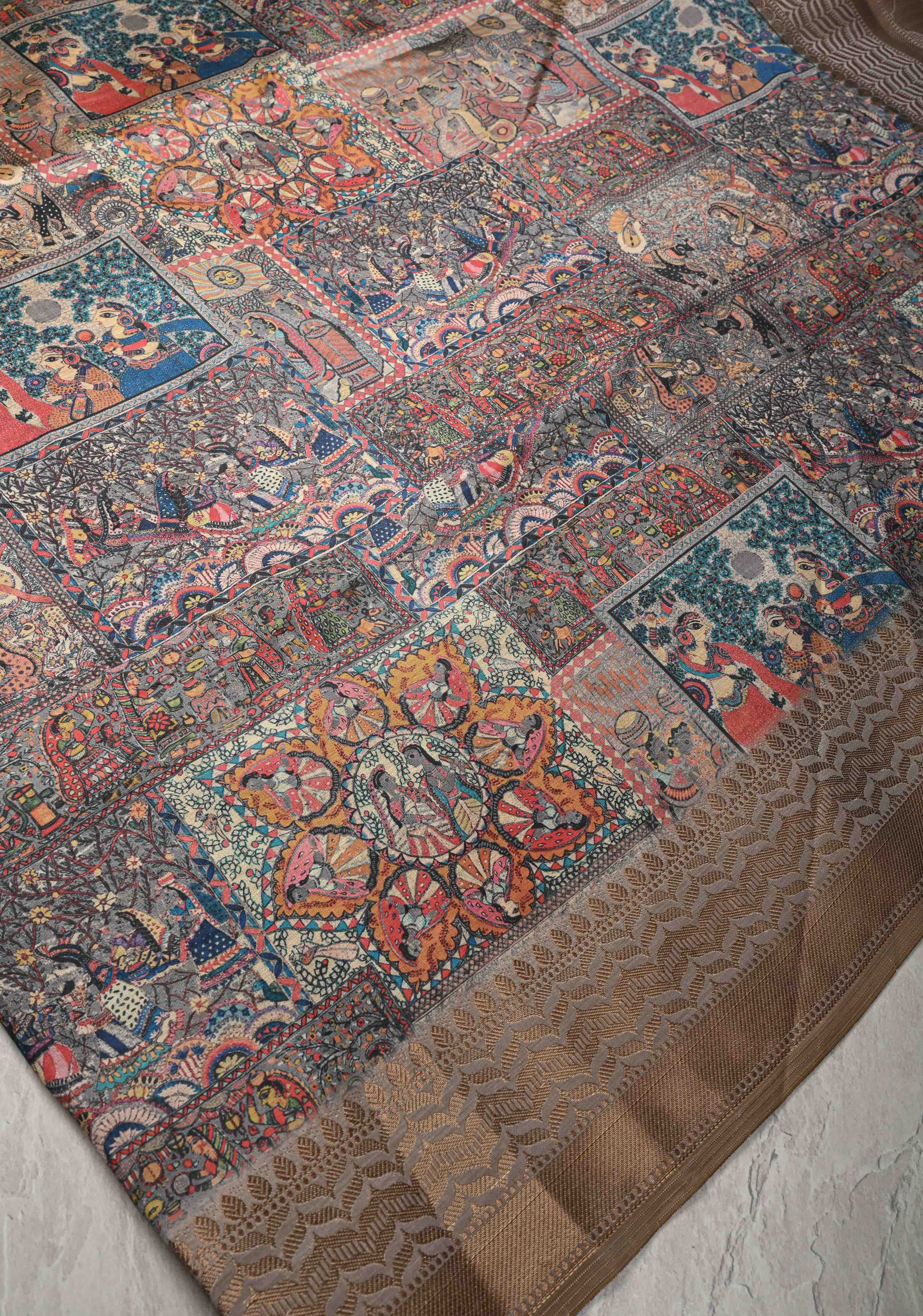 Semi Tussar Silk Saree with Kalamkari Digital Print in Gray | Shobitam