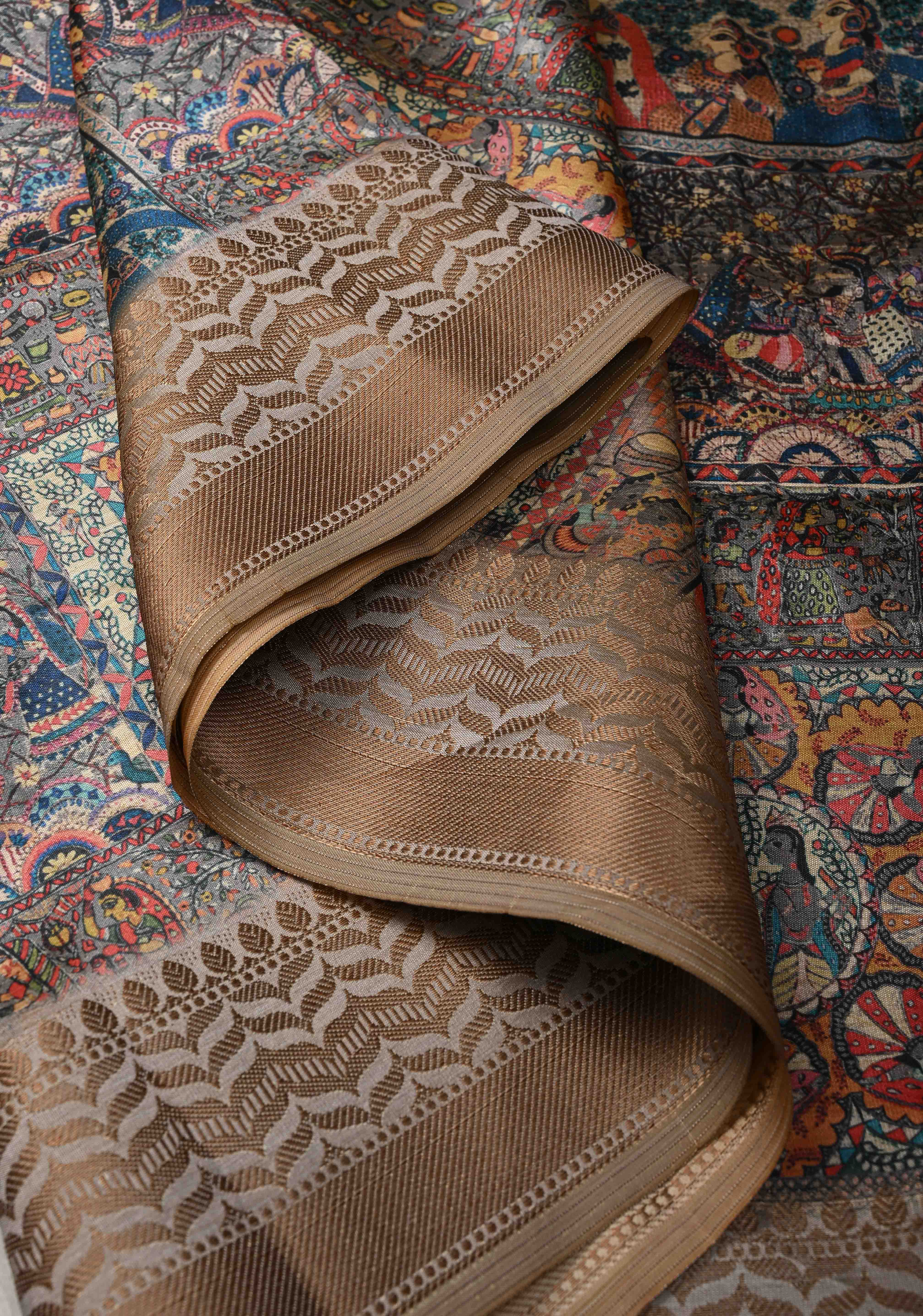 Semi Tussar Silk Saree with Kalamkari Digital Print in Gray | Shobitam