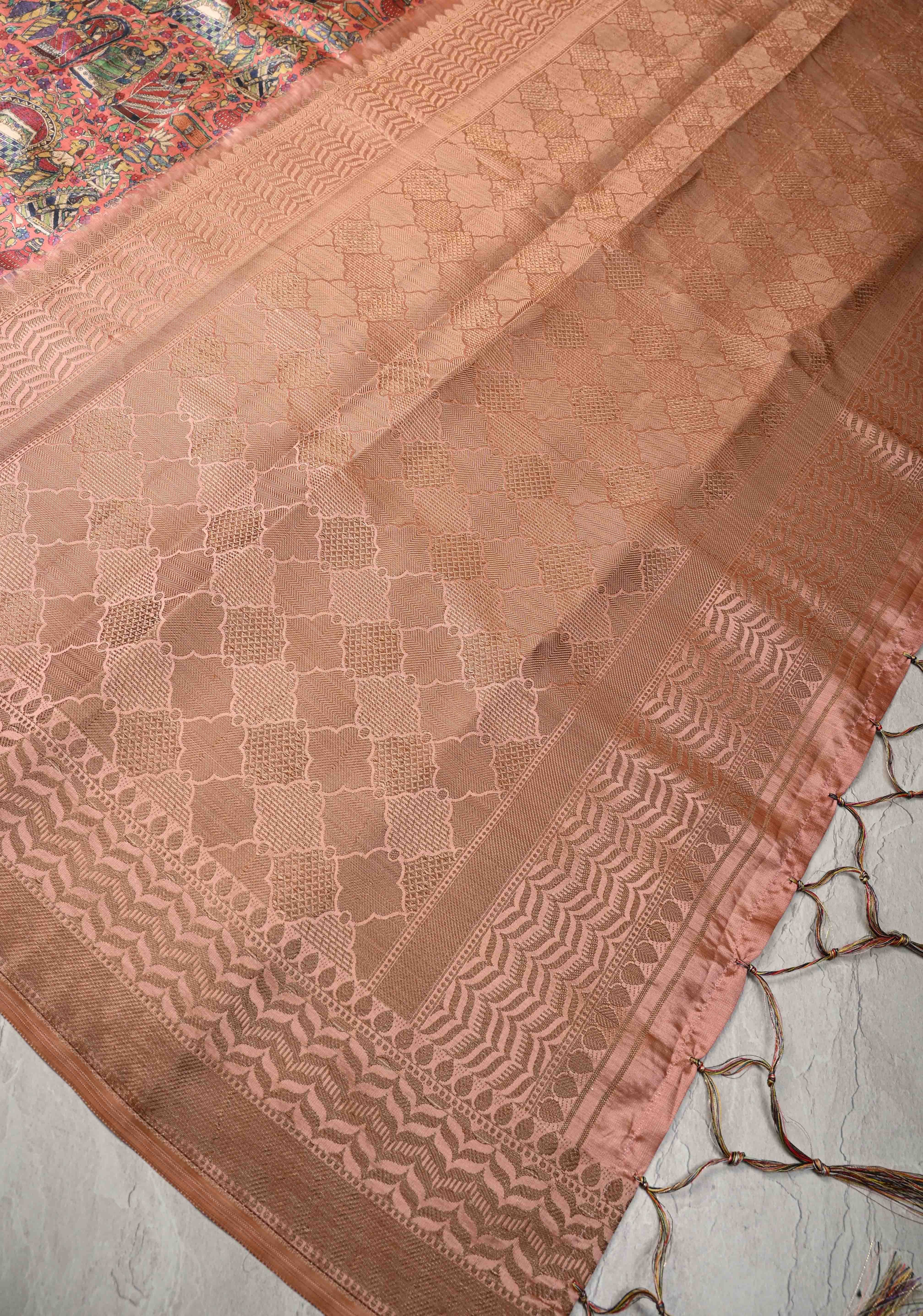 Semi Tussar Silk Saree with Kalamkari Digital Print in Coral | Shobitam