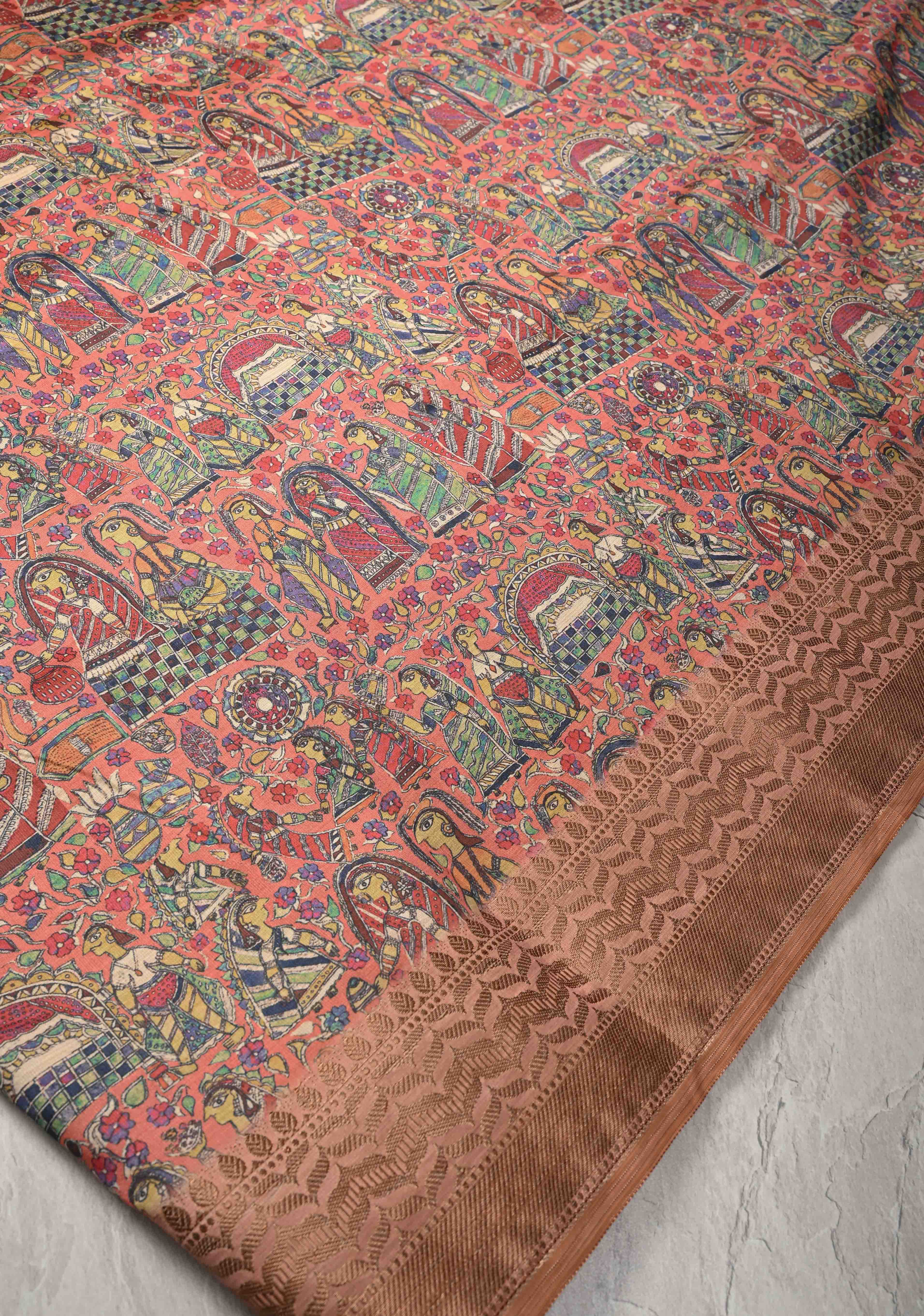 Semi Tussar Silk Saree with Kalamkari Digital Print in Coral | Shobitam