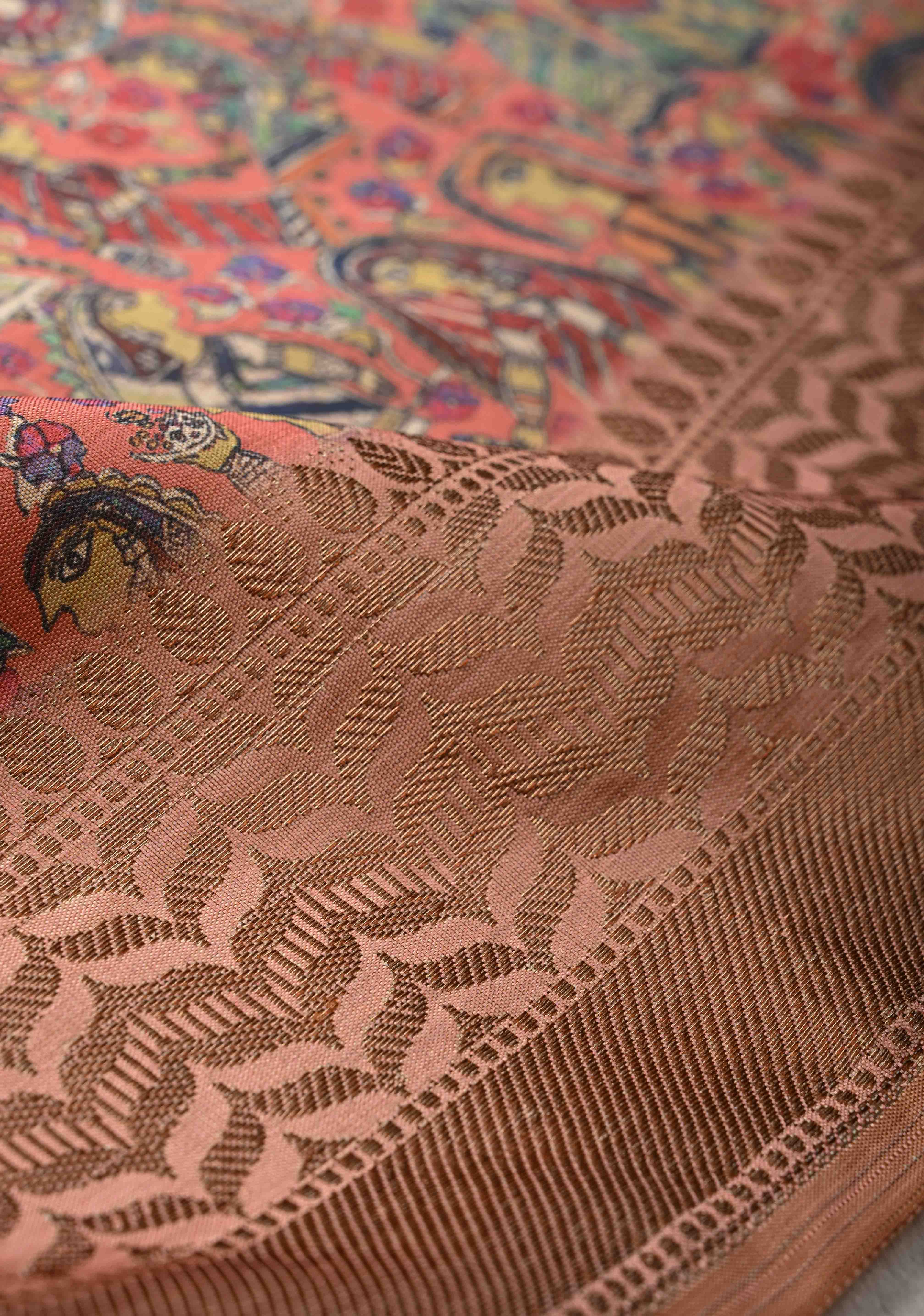 Semi Tussar Silk Saree with Kalamkari Digital Print in Coral | Shobitam