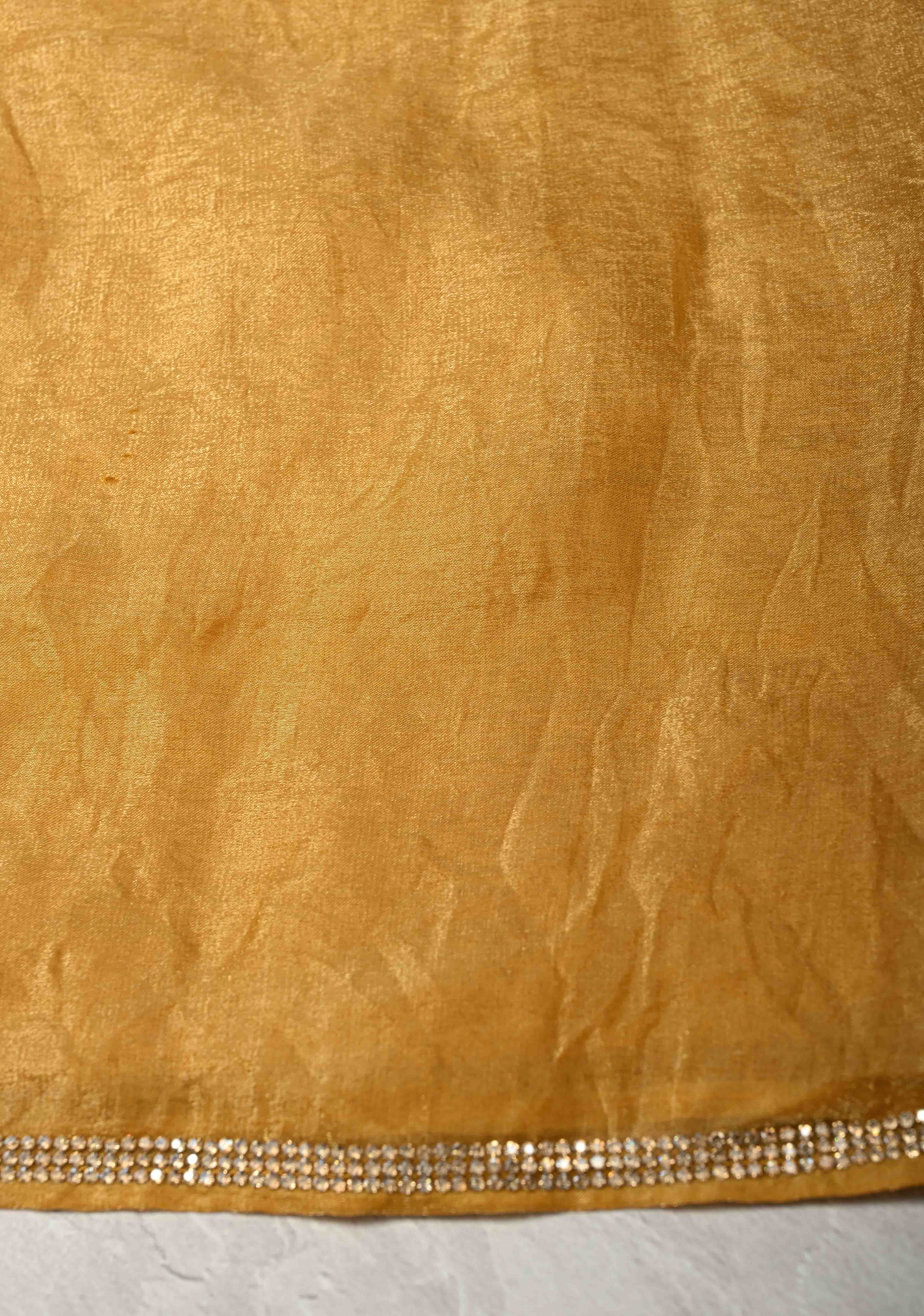 Mustard Yellow Shimmer Georgette Saree with Stone Embellishments and Minimal Border | Shobitam