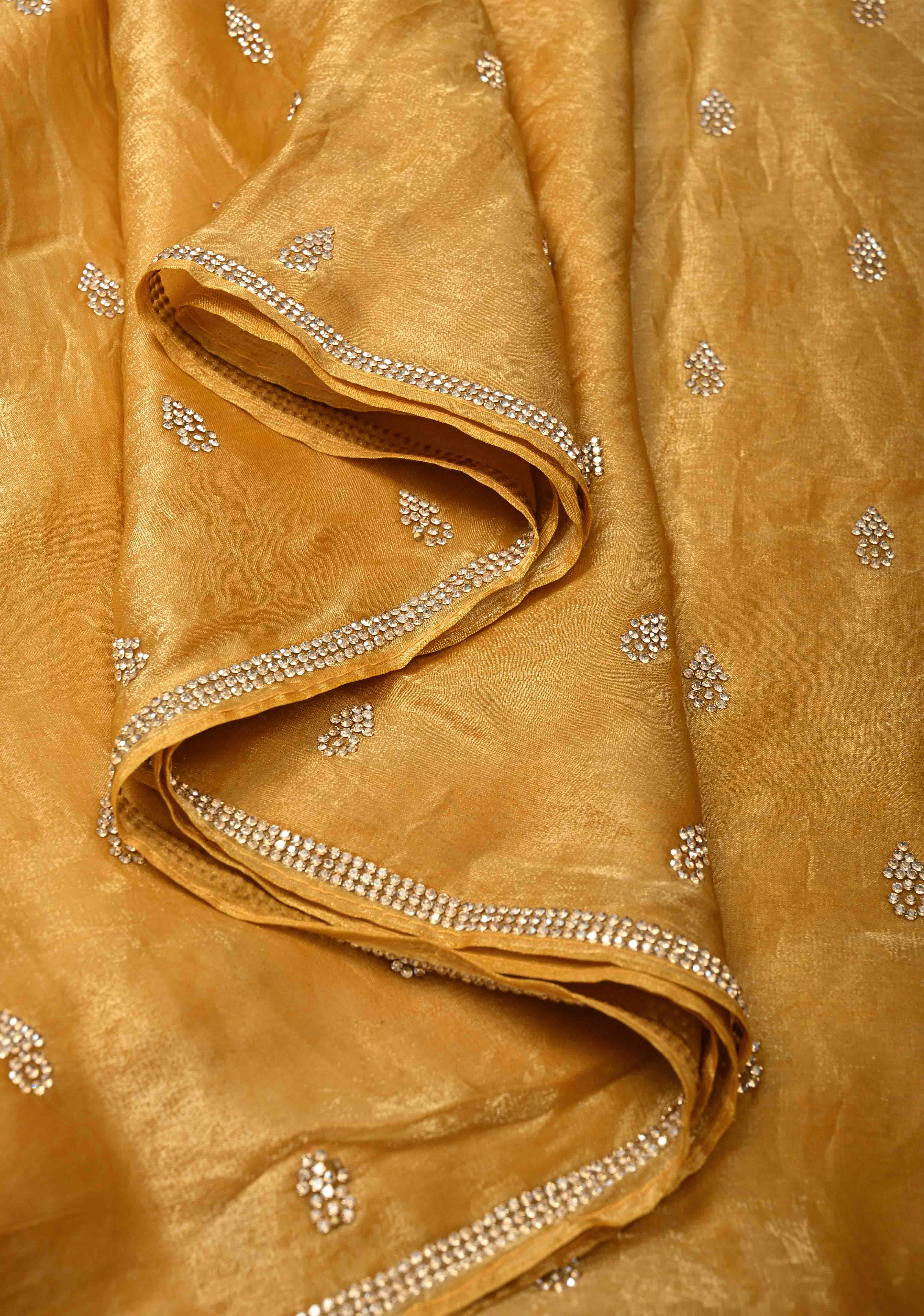 Mustard Yellow Shimmer Georgette Saree with Stone Embellishments and Minimal Border | Shobitam