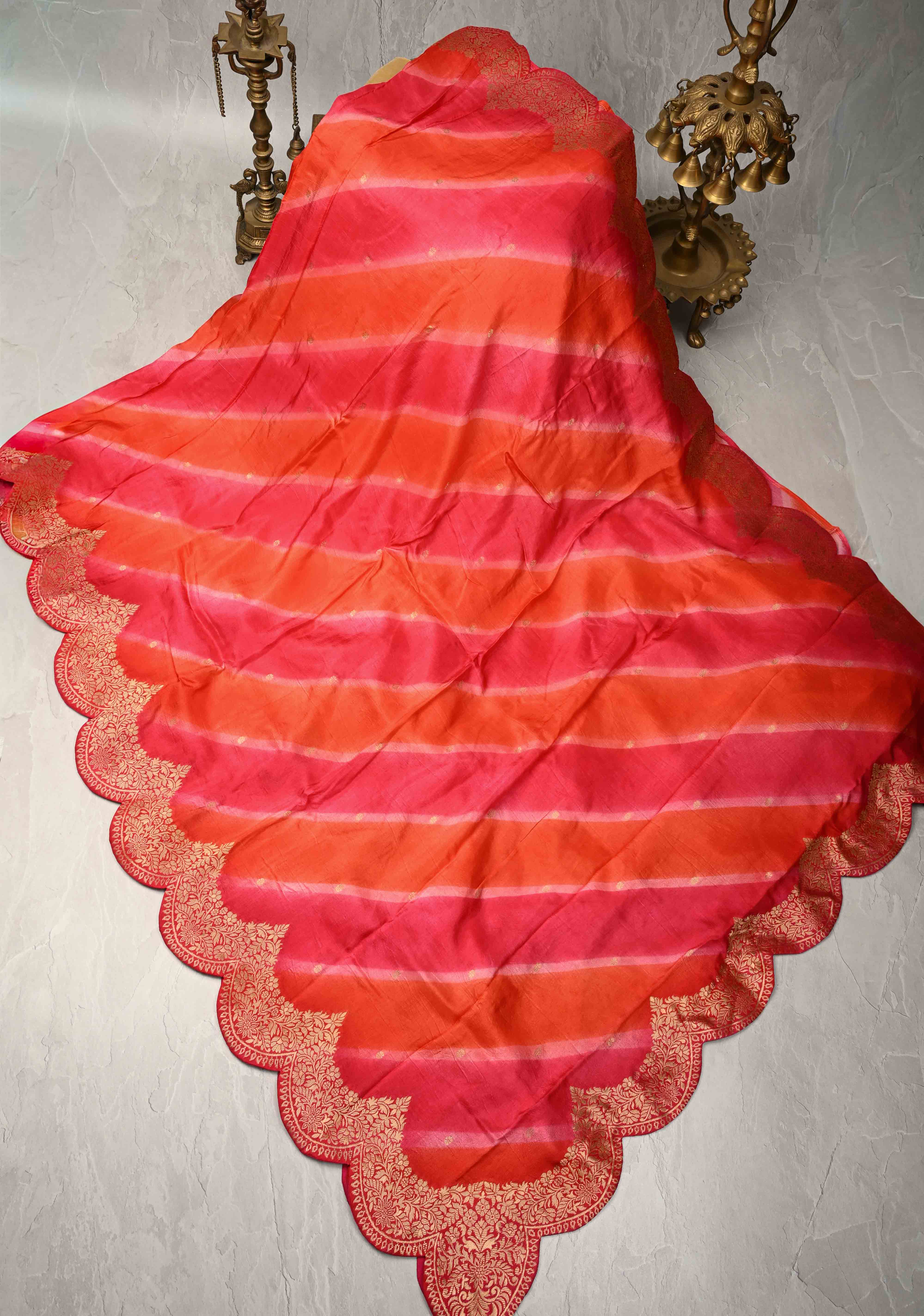Orange-Pink Leheria Pattern on Vegan Soft Silk Saree with Zari Buttas and Scallop Border | Shobitam
