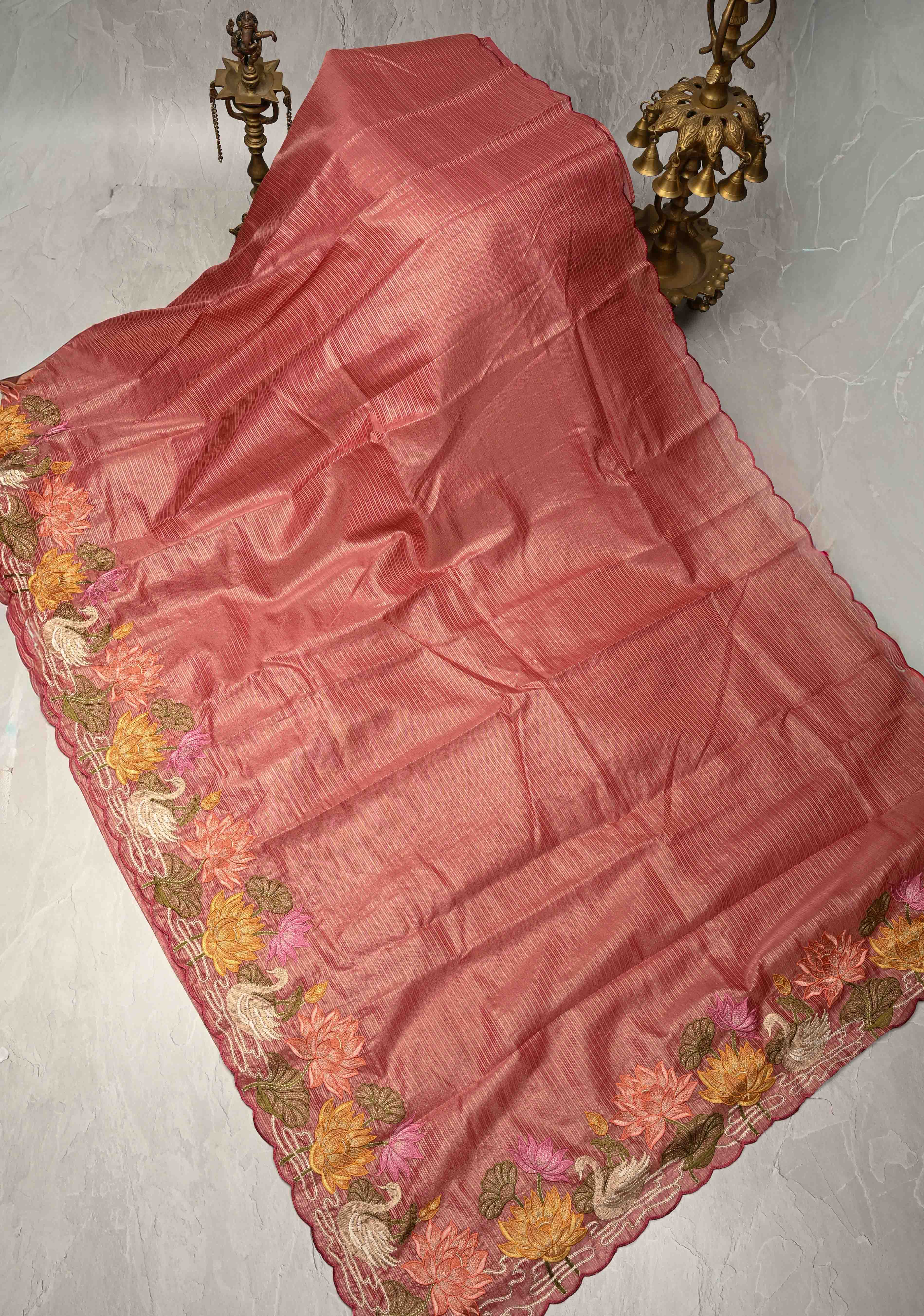 Rose Pink Vegan Viscose Tissue Stripes Saree with Lotus and Swan Embroidery Scallop Border | Shobitam