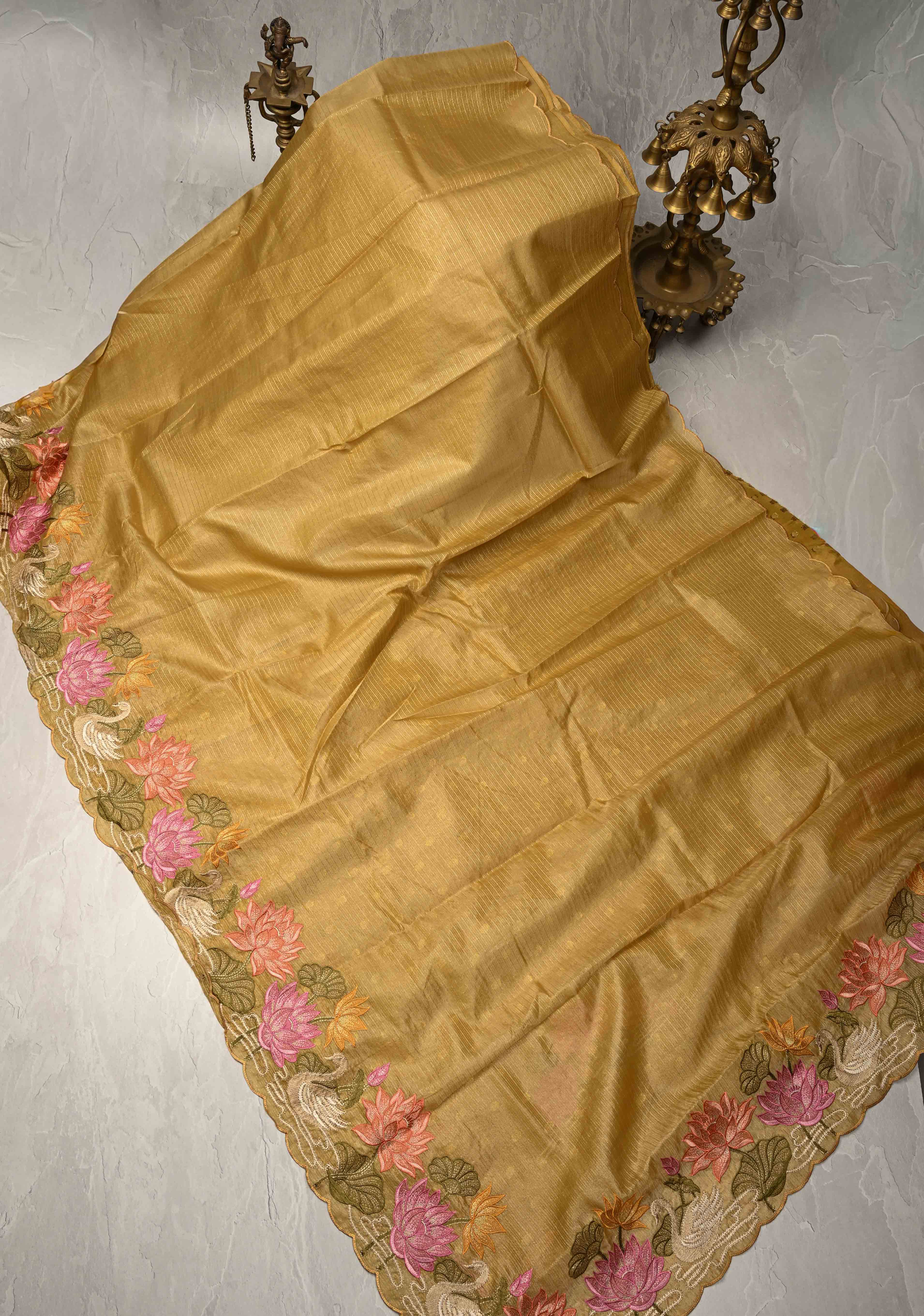 Mustard Yellow Vegan Viscose Tissue Stripes Saree with Meenakari Embroidery Scallop Border | Shobitam