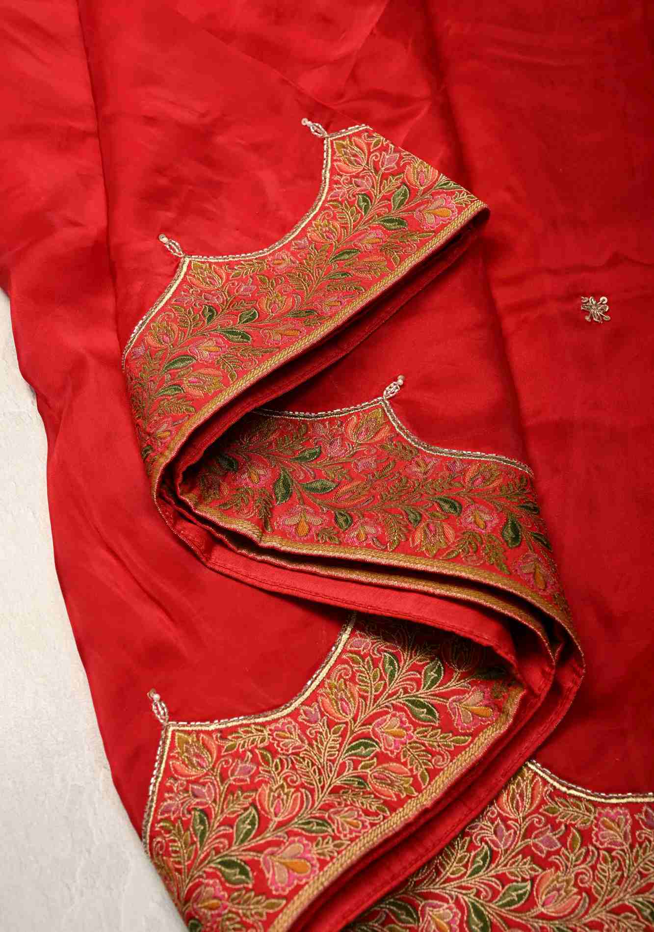 Blood Red Vegan Silk Habutai Saree with Hand Work and Banarasi Scallop Border, No Blouse Piece Ready To Wear Saree