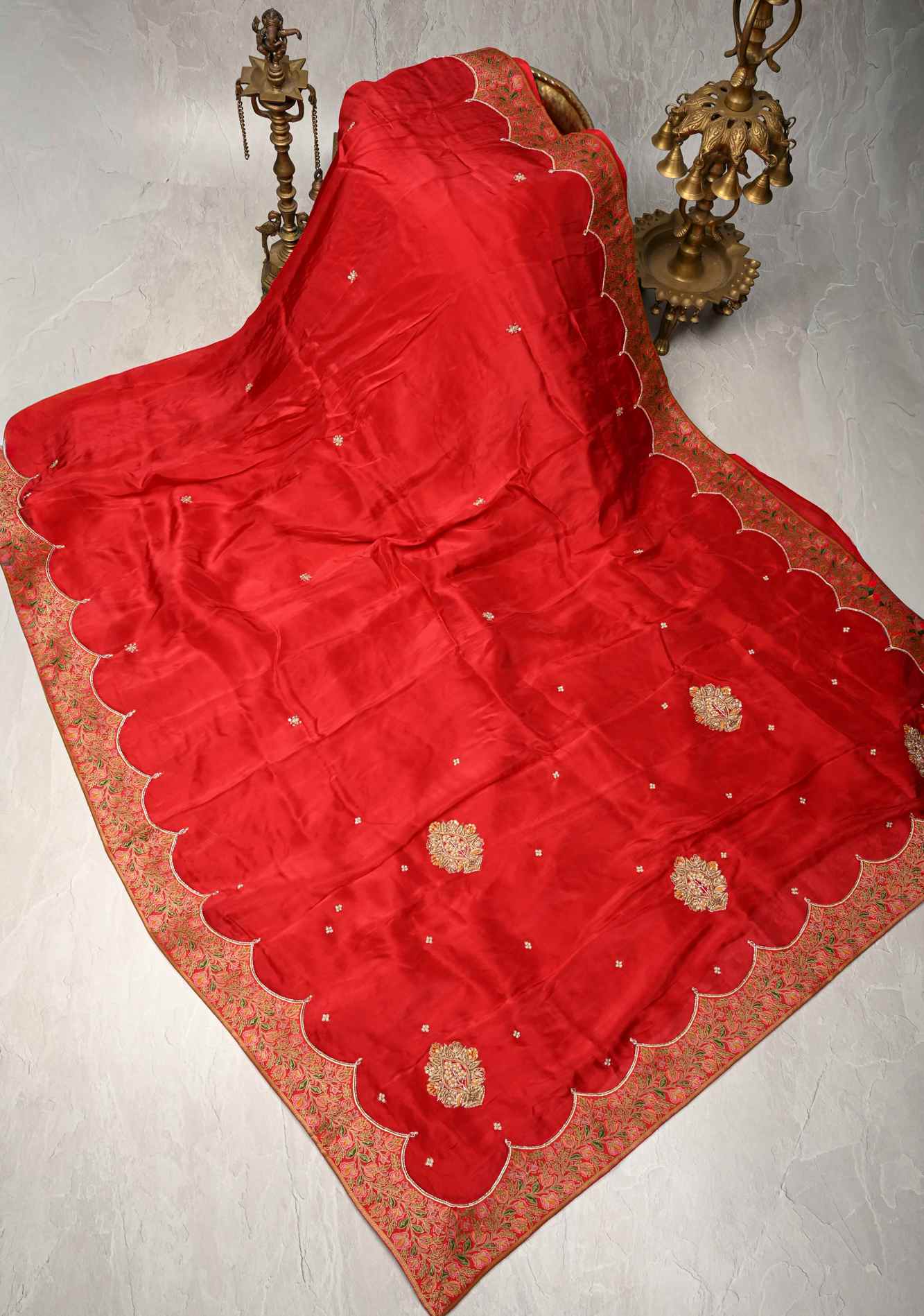 Blood Red Vegan Silk Habutai Saree with Hand Work and Banarasi Scallop Border, No Blouse Piece Ready To Wear Saree