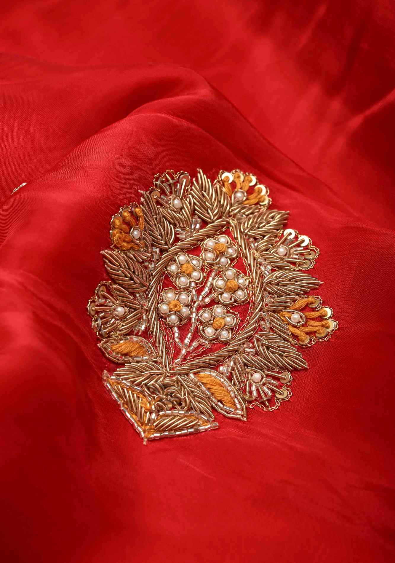 Blood Red Vegan Silk Habutai Saree with Hand Work and Banarasi Scallop Border, No Blouse Piece Ready To Wear Saree