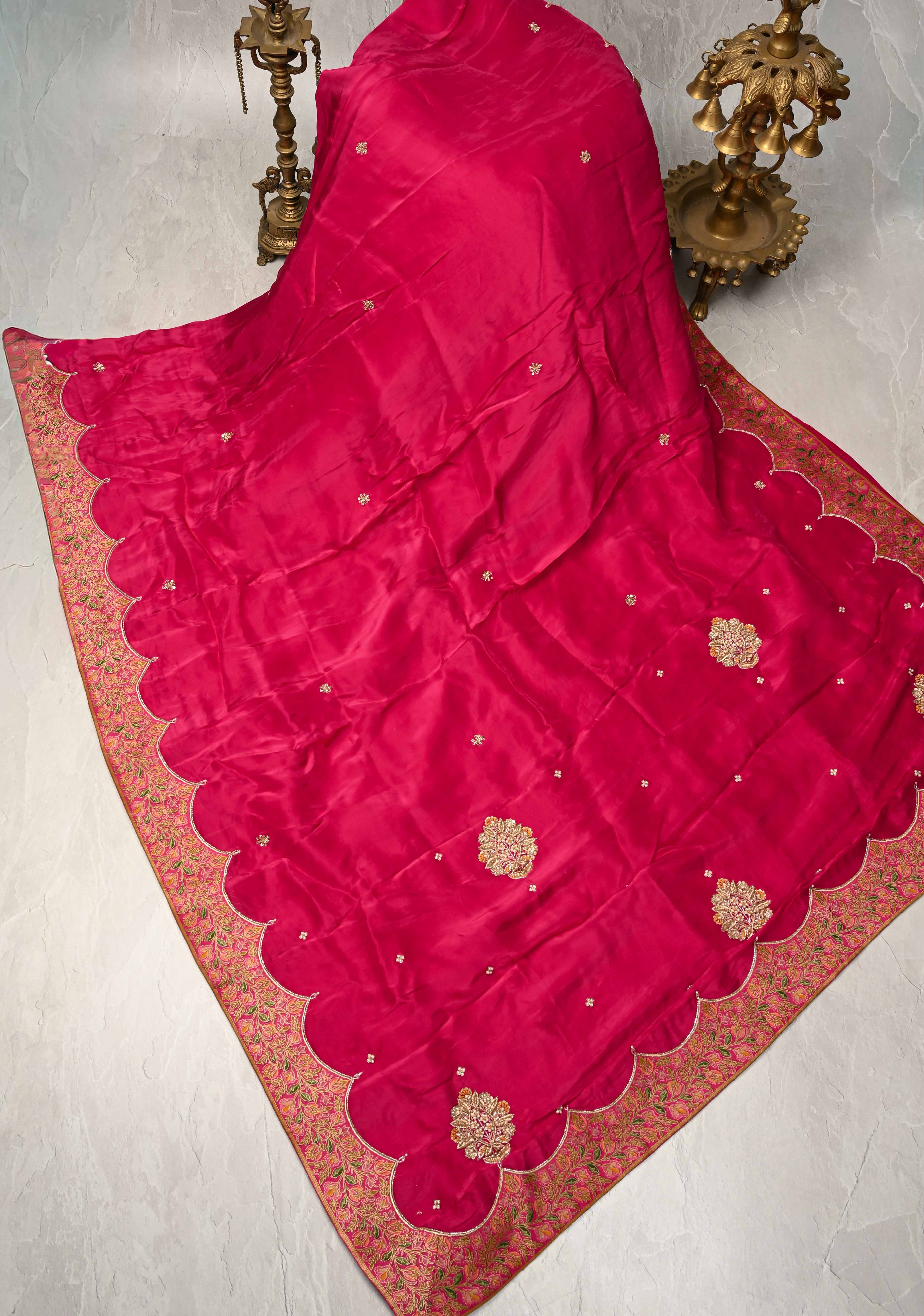 Rani Pink Vegan Silk Habutai Saree with embellishments and Scallop Border | Shobitam