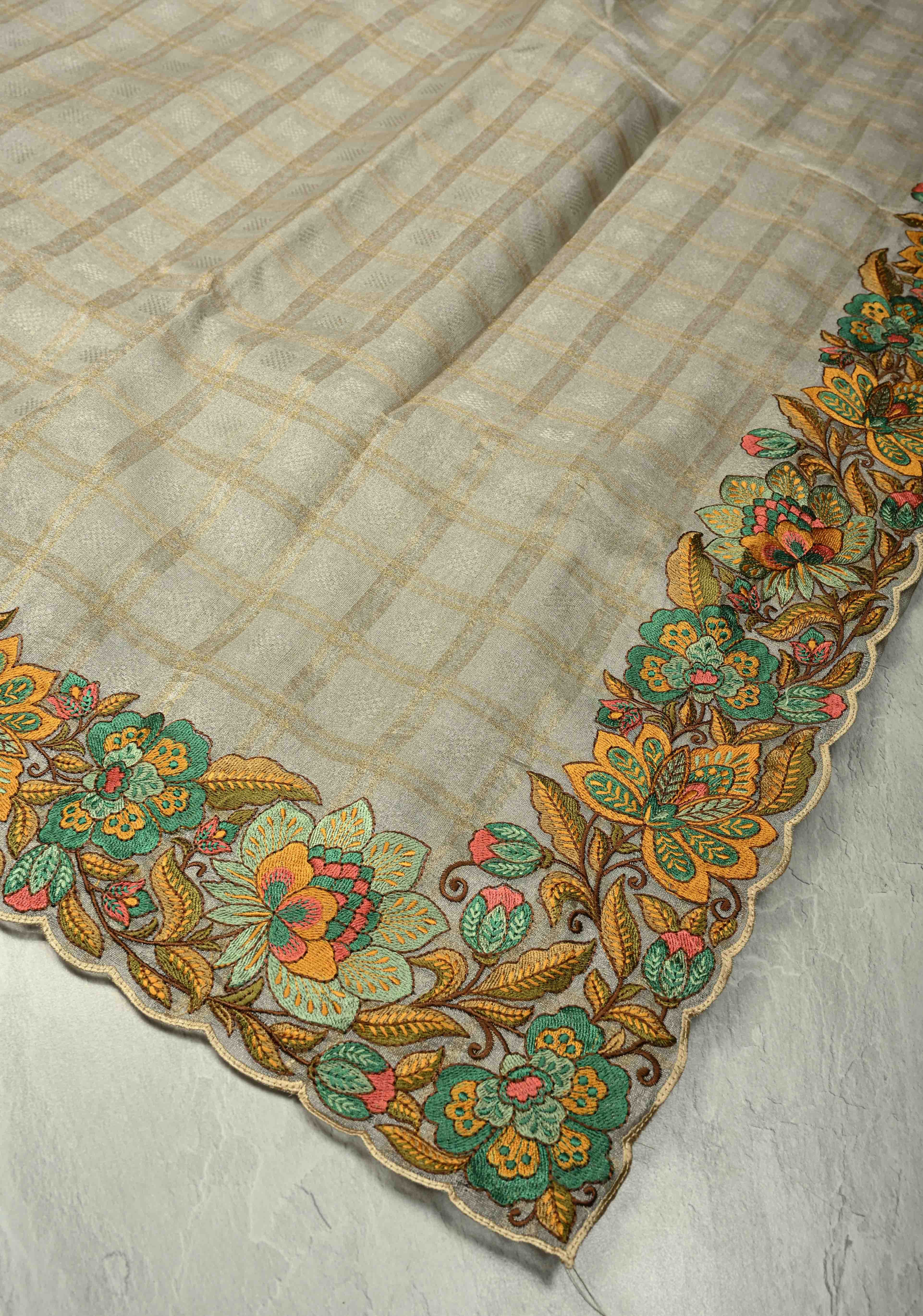 Gray Vegan Organza Tissue Saree with Checks and Multi Color Thread Embroidery Border | Shobitam