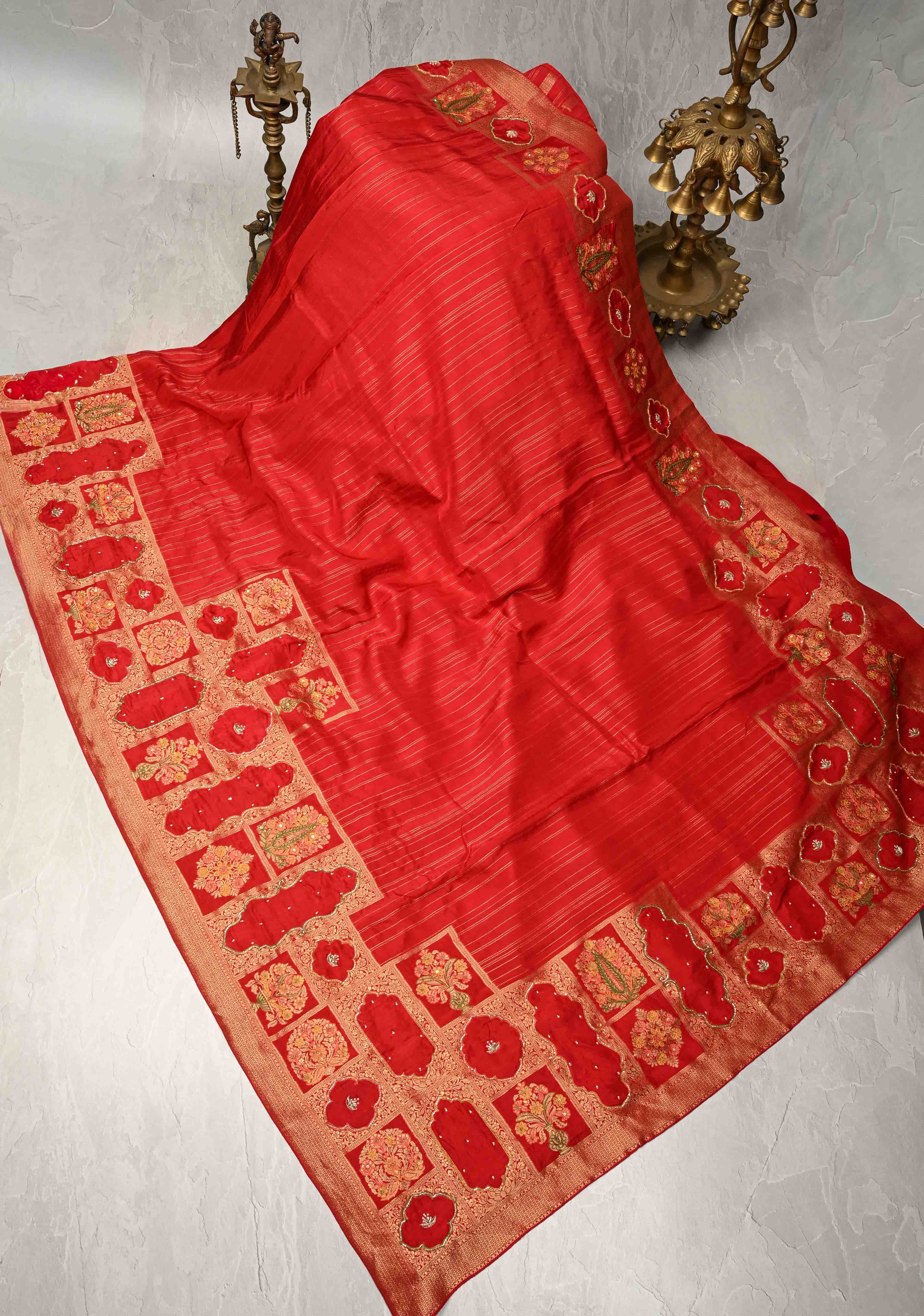 Bright Red Vegan Soft Silk Saree with Jharokha-Inspired Pattern Border | SHOBITAM