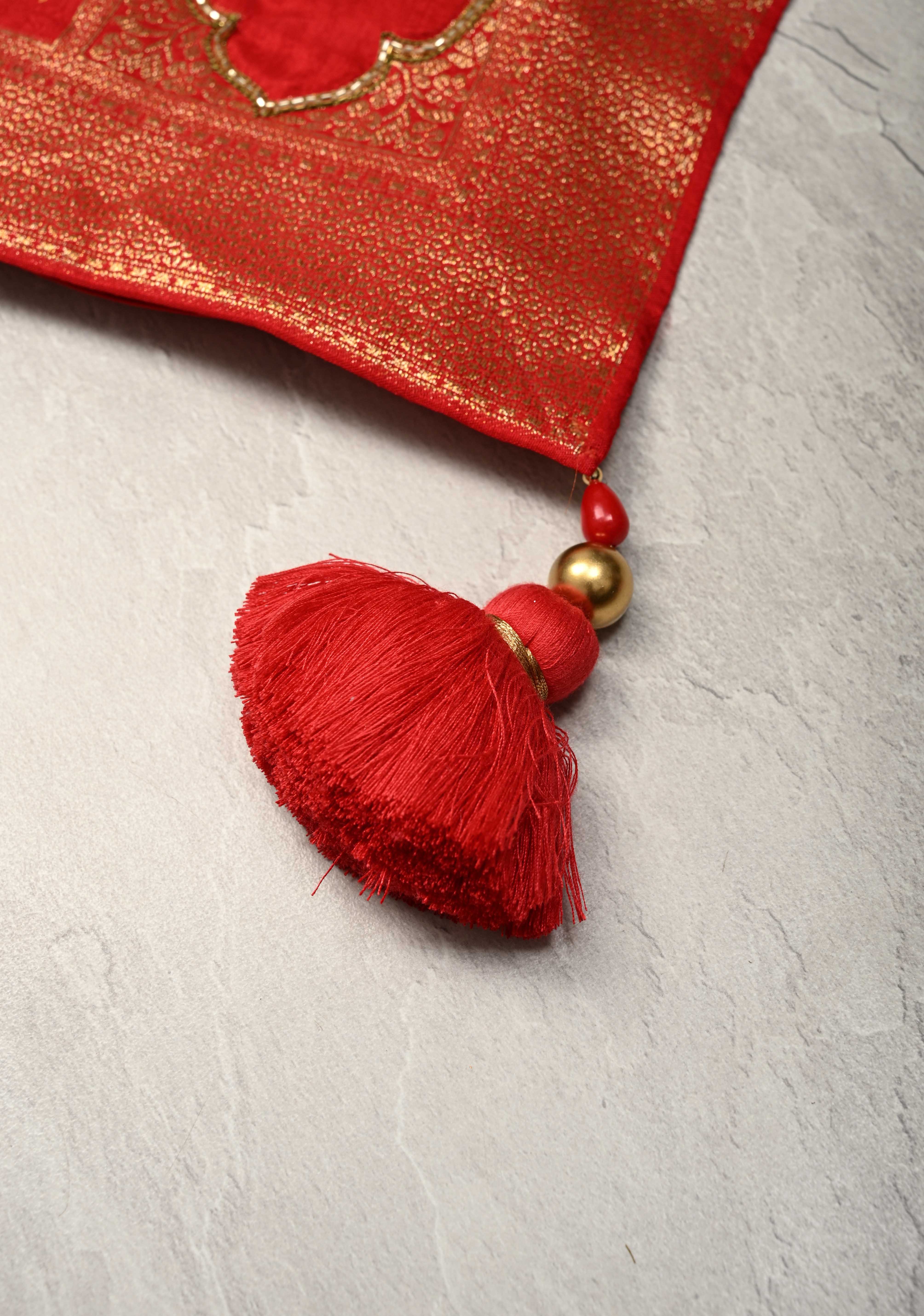 Bright Red Vegan Soft Silk Saree with Jharokha-Inspired Pattern Border | SHOBITAM