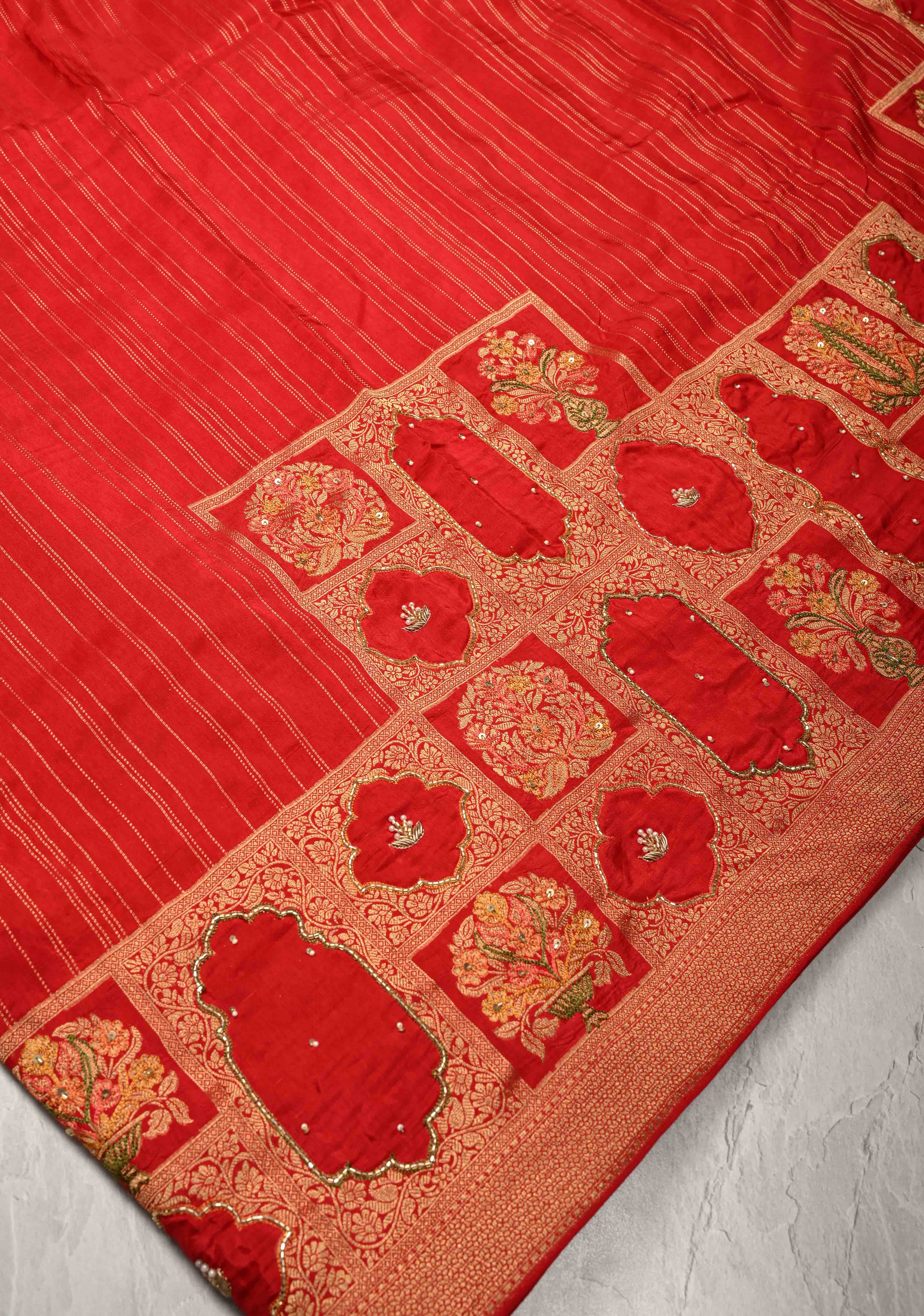 Bright Red Vegan Soft Silk Saree with Jharokha-Inspired Pattern Border | SHOBITAM