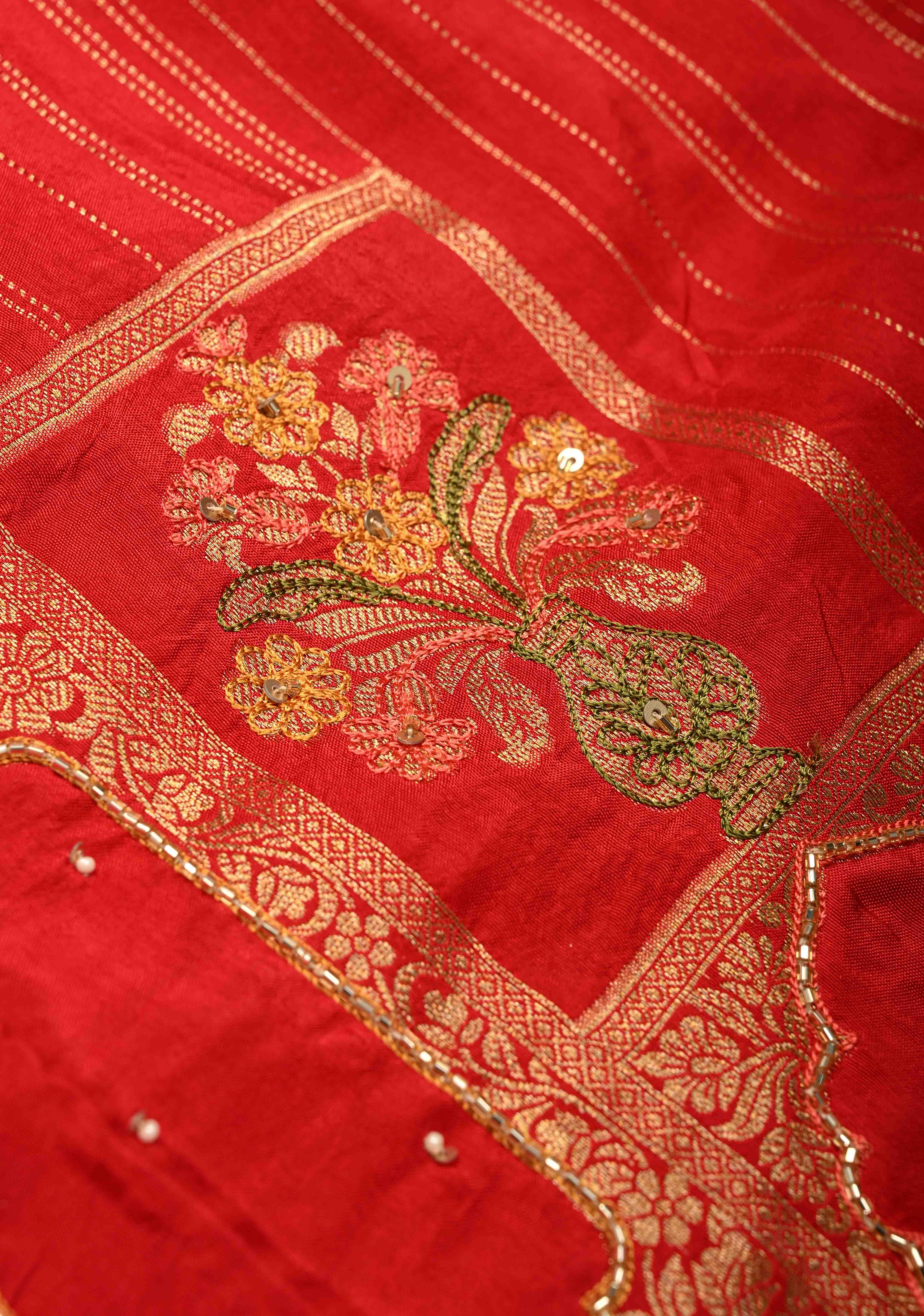 Bright Red Vegan Soft Silk Saree with Jharokha-Inspired Pattern Border | SHOBITAM