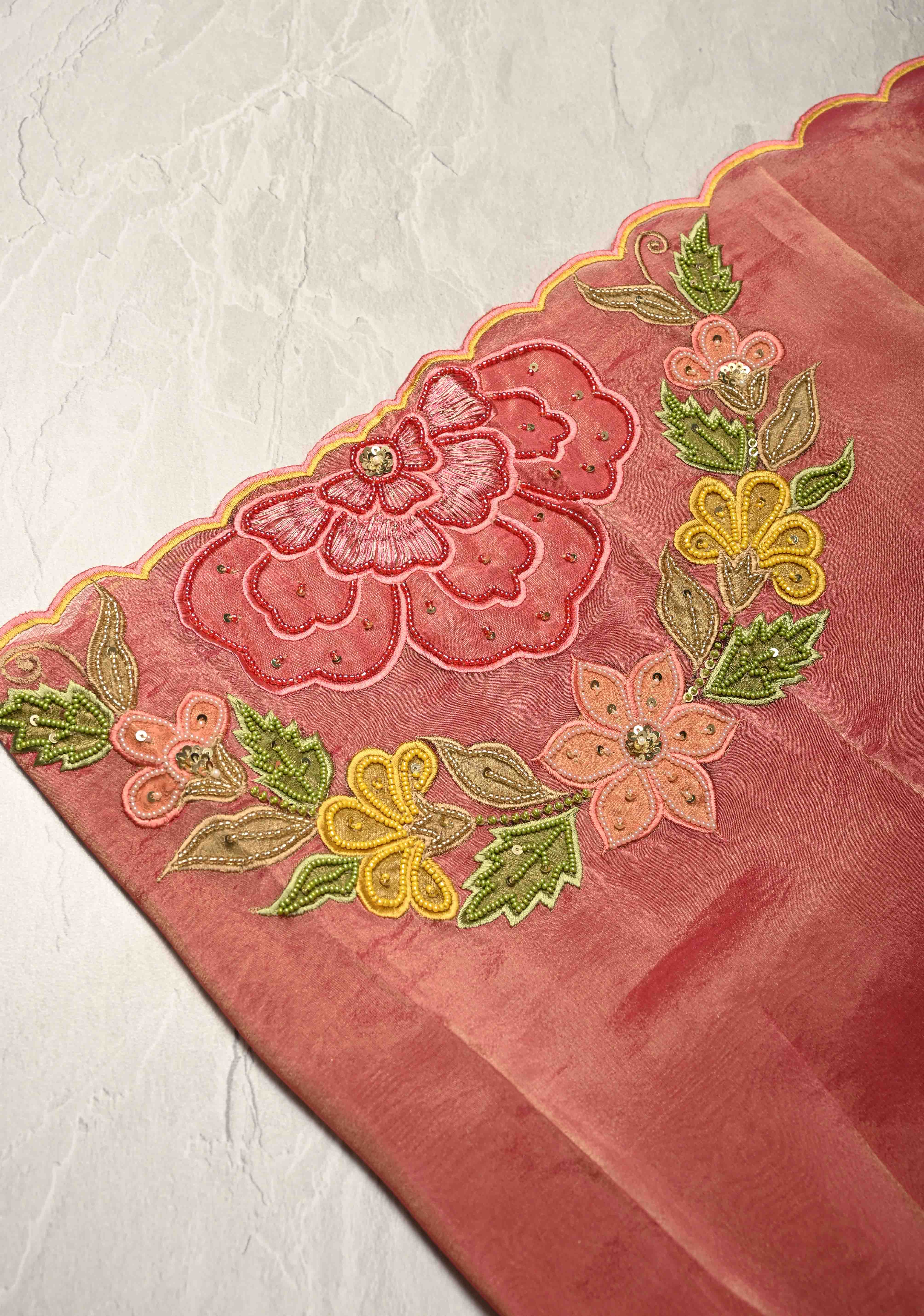 Rose Pink Vegan Organza Tissue Saree with Applique-Moti, Sequins Hand Embroidery and Scallop Border | SHOBITAM