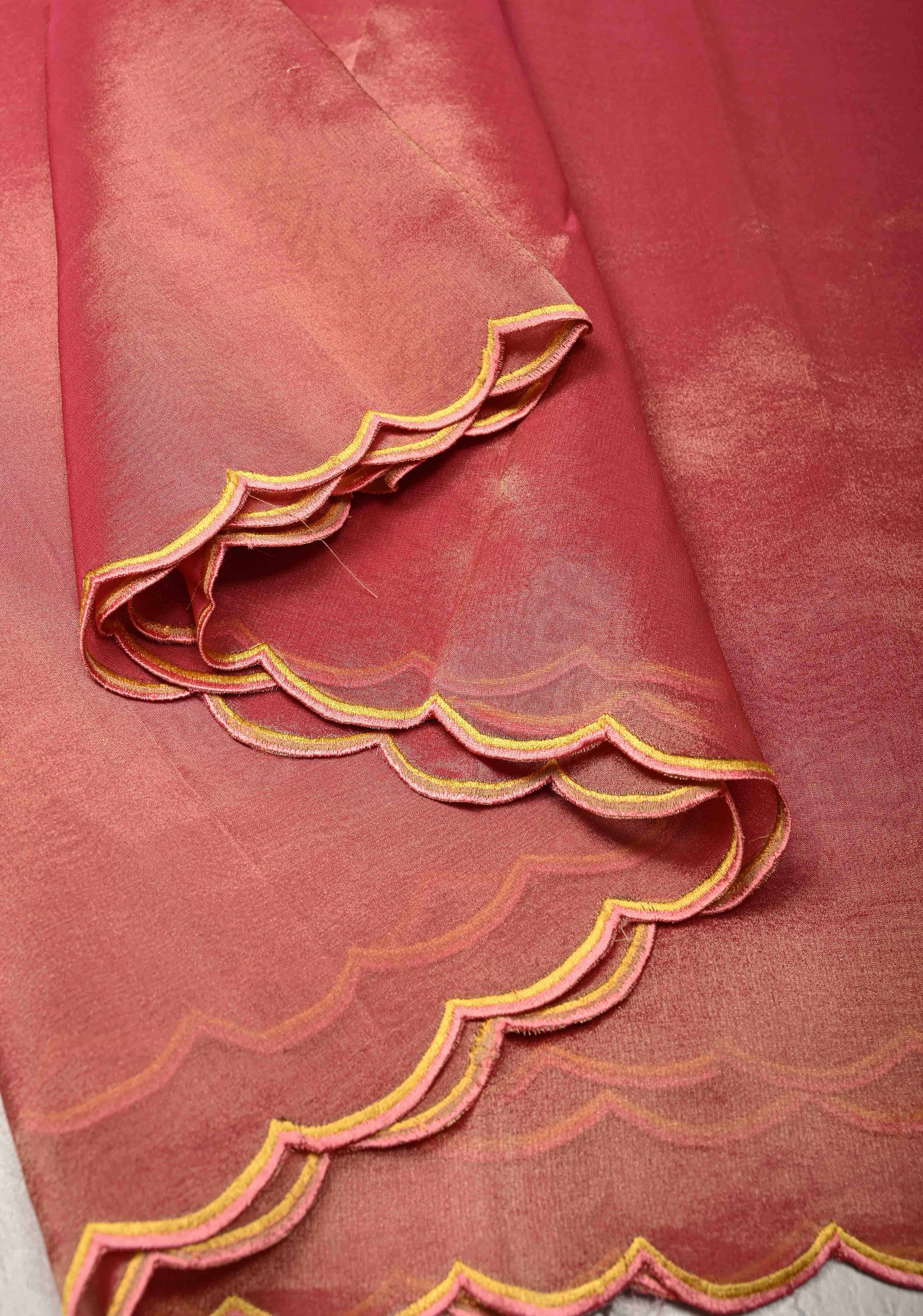 Rose Pink Vegan Organza Tissue Saree with Applique-Moti, Sequins Hand Embroidery and Scallop Border | SHOBITAM