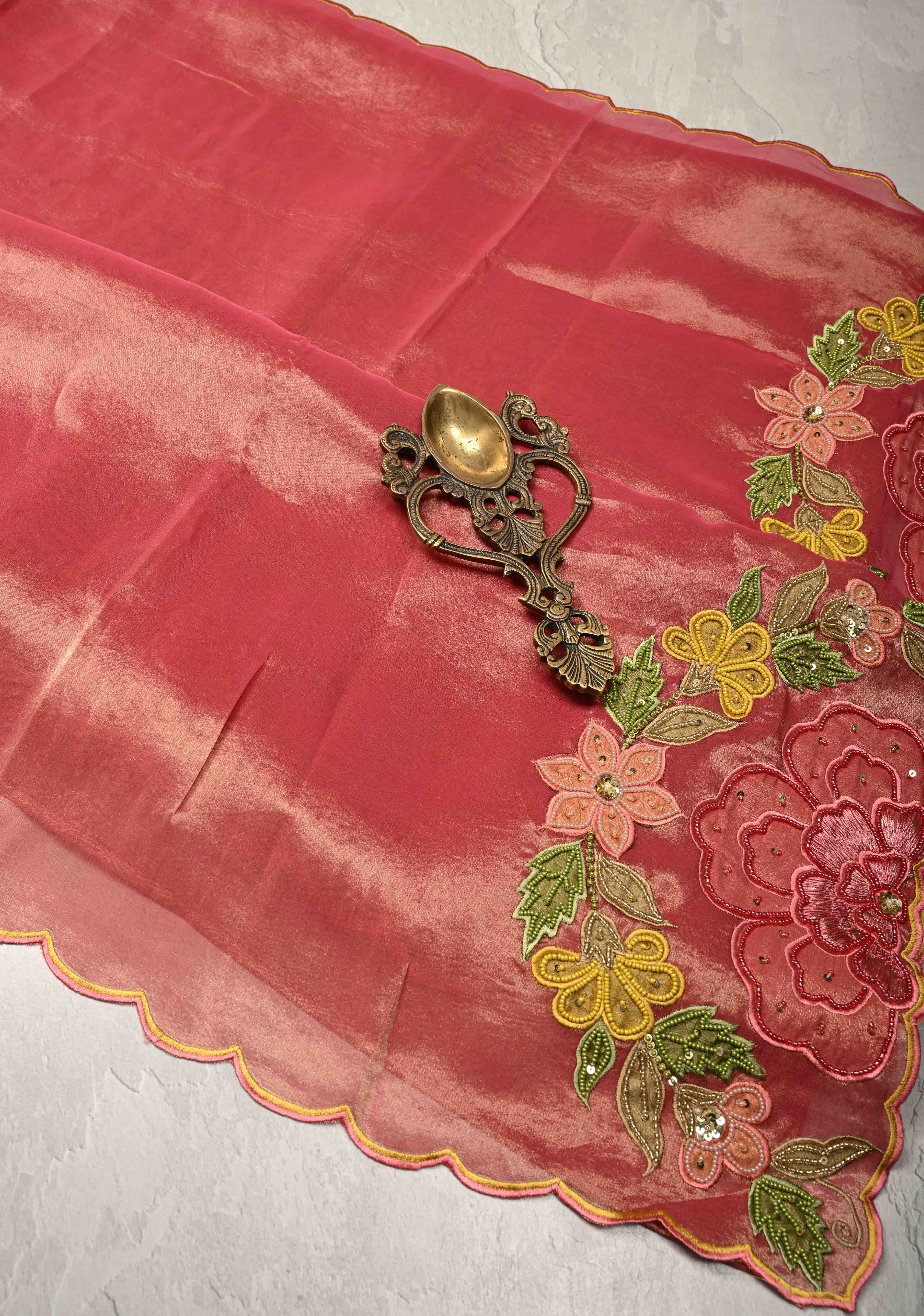 Rose Pink Vegan Organza predraped Tissue Saree with Applique-Moti, Sequins Hand Embroidery and Scallop Border, No Blouse Piece Ready to Wear Saree