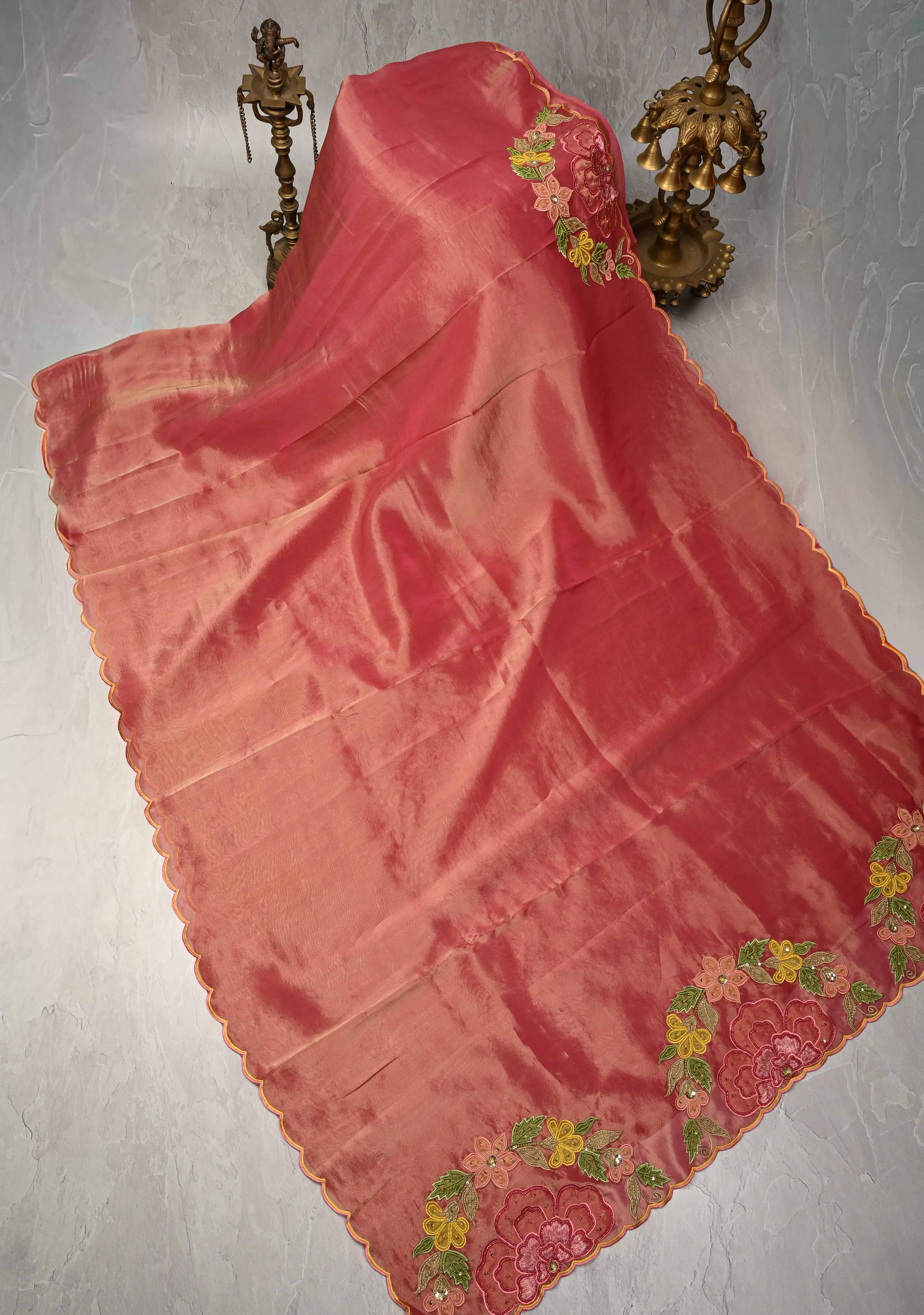 Rose Pink Vegan Organza Tissue Saree with Applique-Moti, Sequins Hand Embroidery and Scallop Border | SHOBITAM