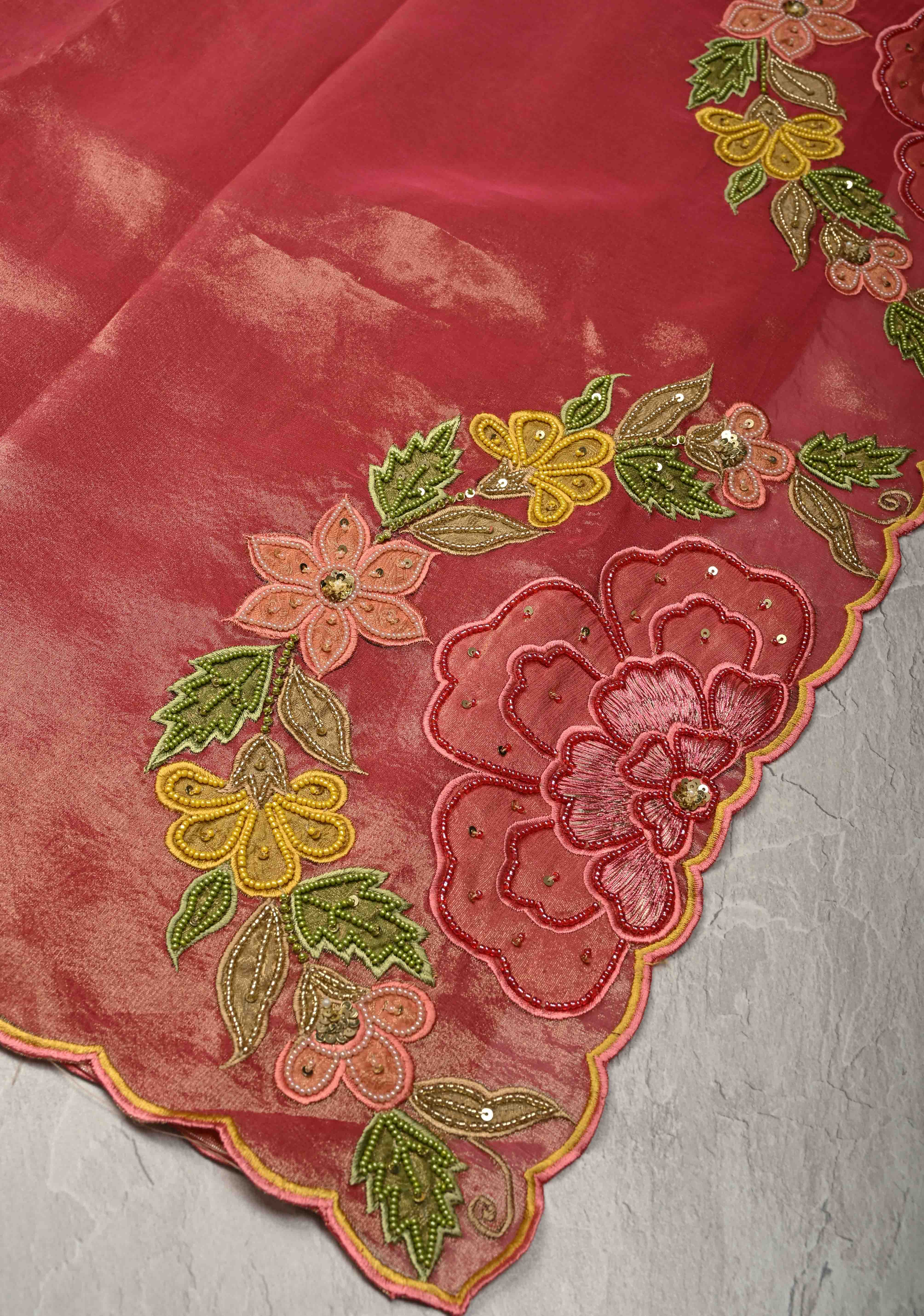 Rose Pink Vegan Organza Tissue Saree with Applique-Moti, Sequins Hand Embroidery and Scallop Border | SHOBITAM