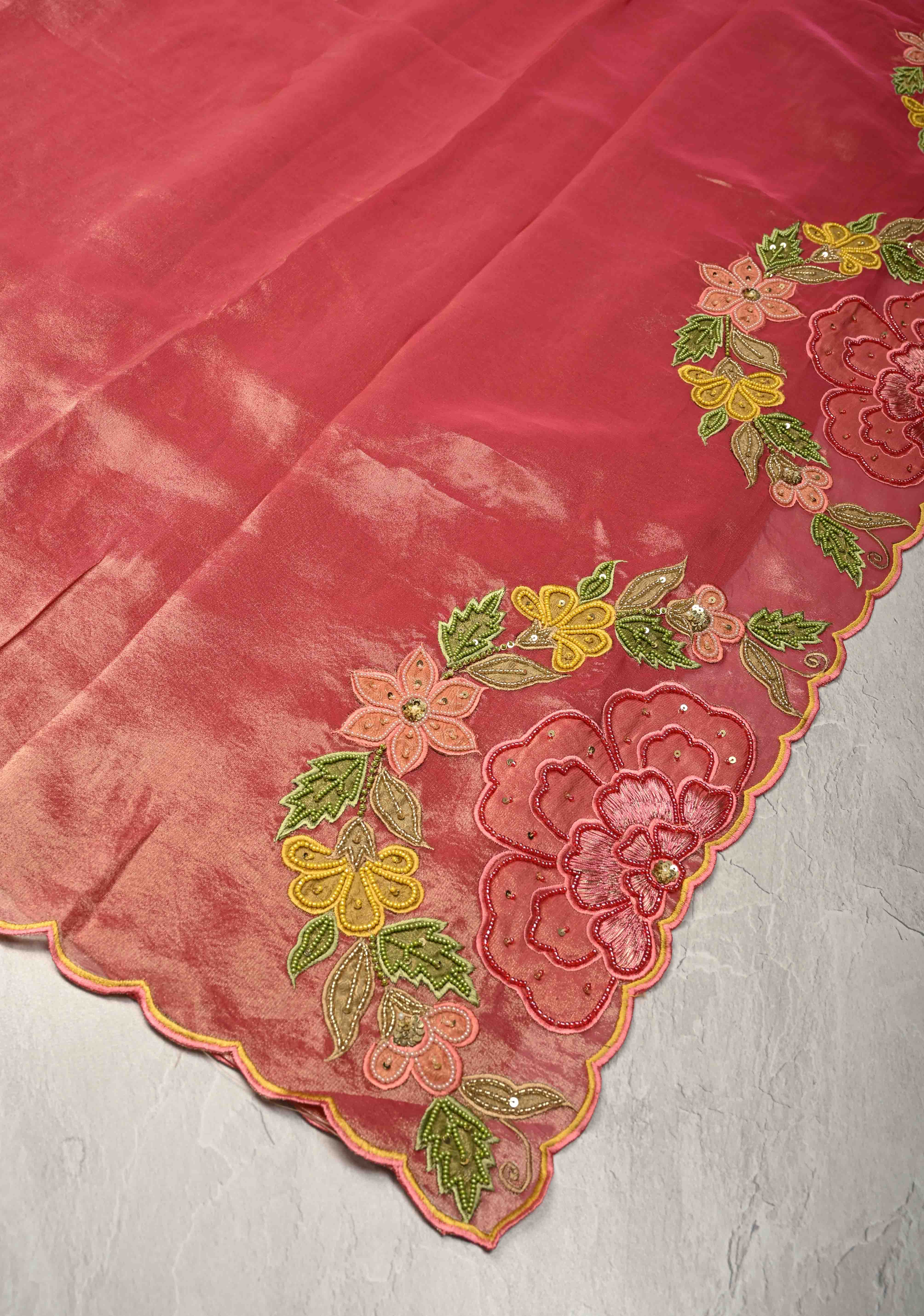 Rose Pink Vegan Organza Tissue Saree with Applique-Moti, Sequins Hand Embroidery and Scallop Border | SHOBITAM
