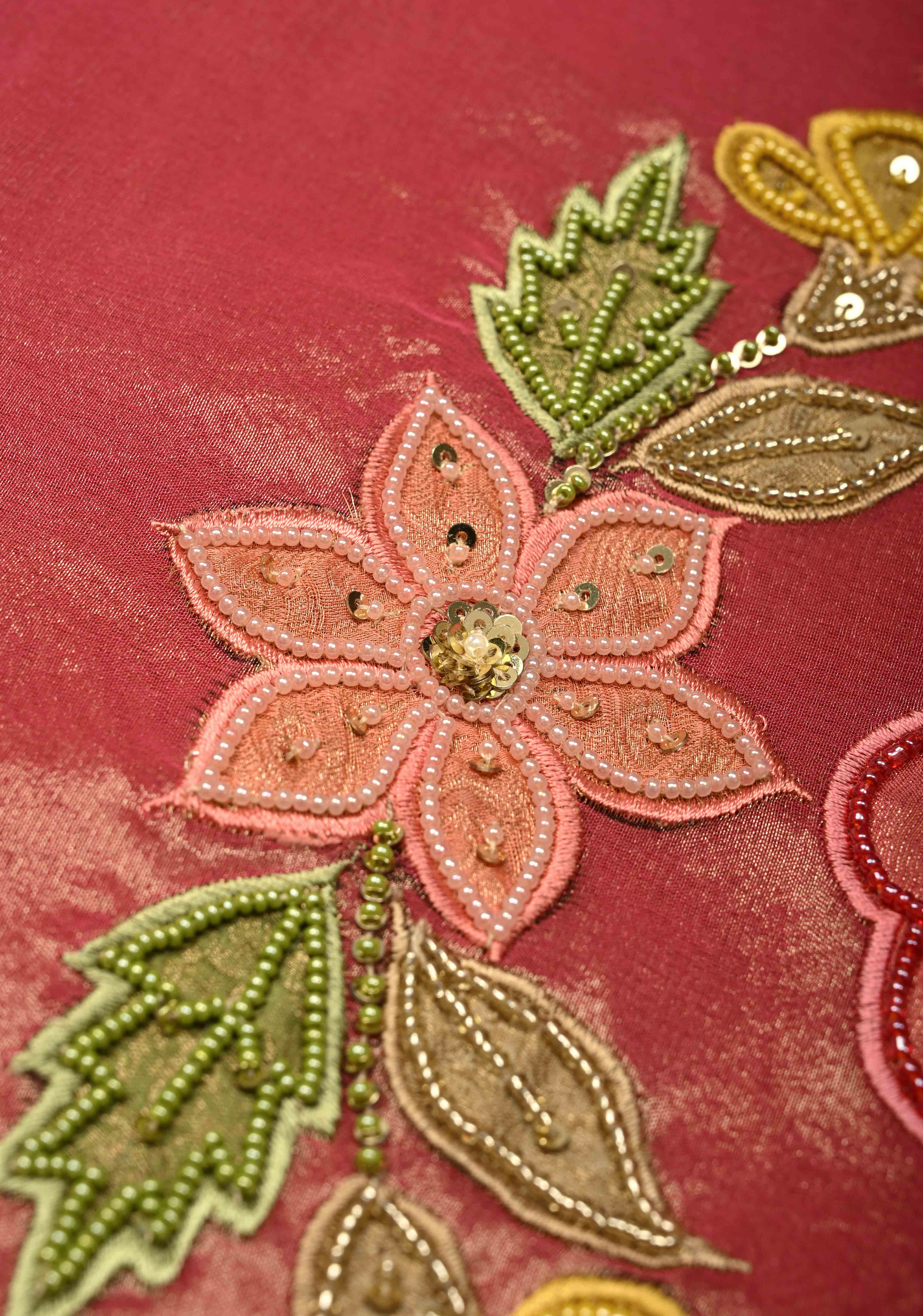 Rose Pink Vegan Organza Tissue Saree with Applique-Moti, Sequins Hand Embroidery and Scallop Border | SHOBITAM