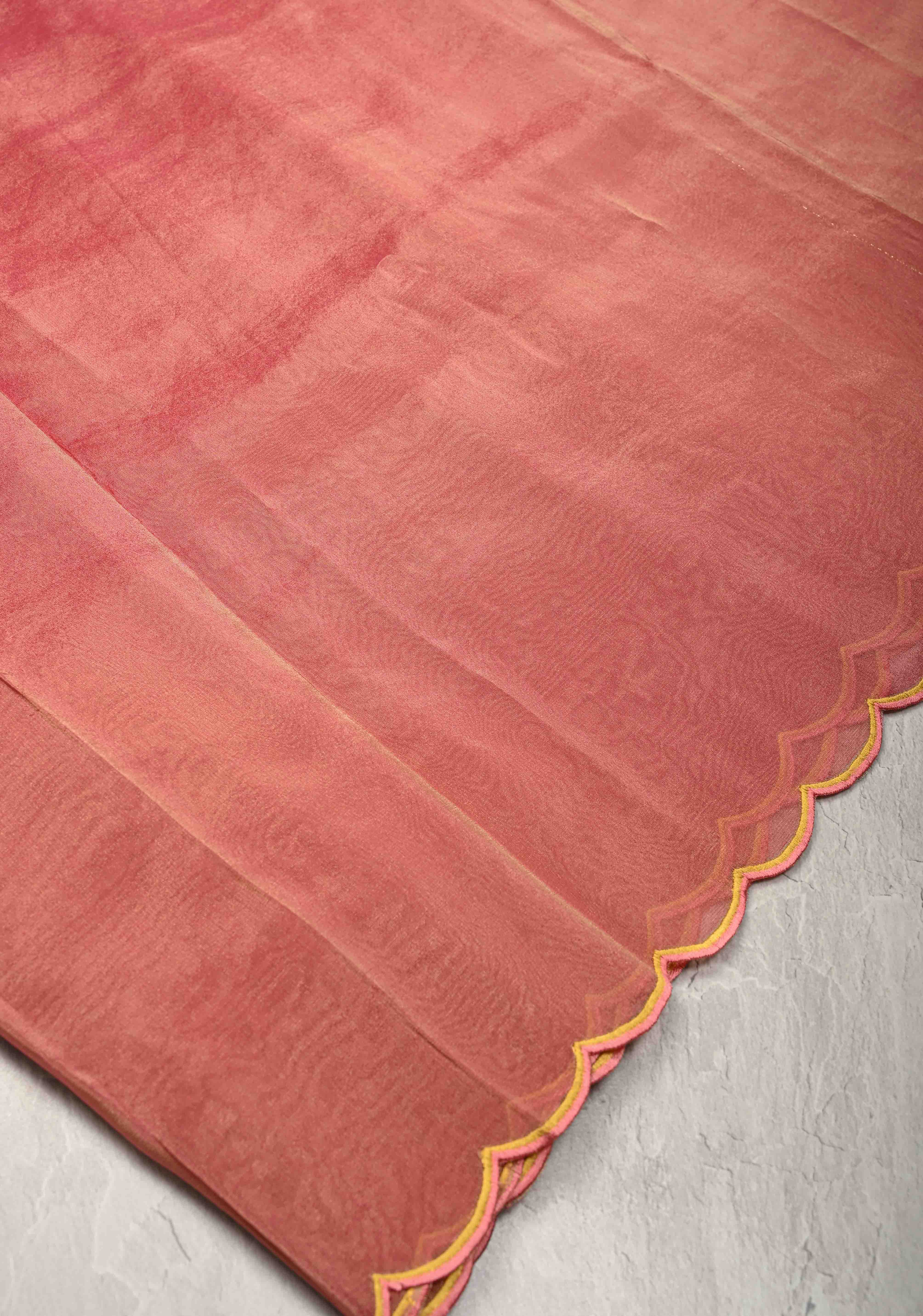 Rose Pink Vegan Organza Tissue Saree with Applique-Moti, Sequins Hand Embroidery and Scallop Border | SHOBITAM