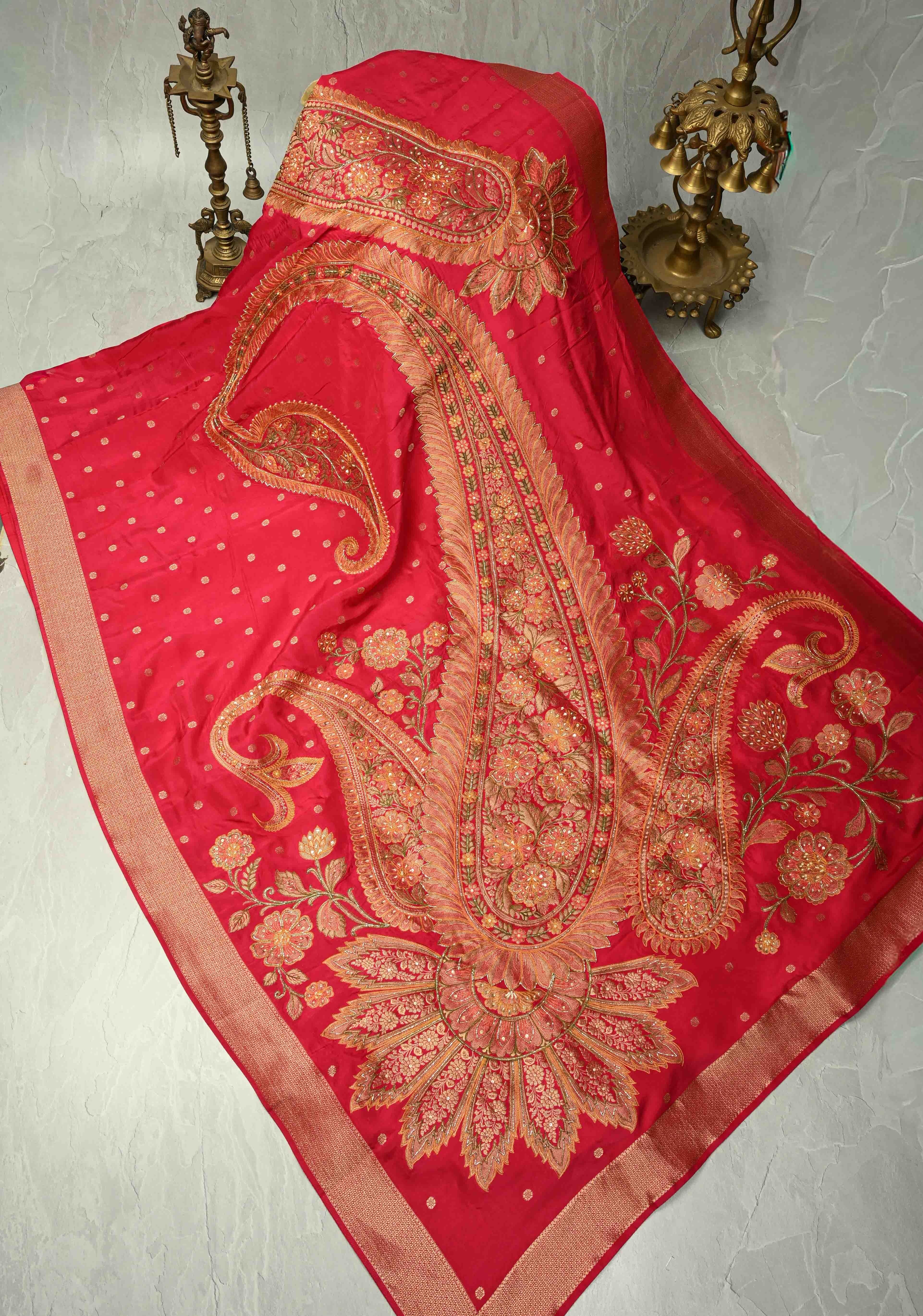 Rani Pink Vegan Soft Silk Saree with Paisley Motifs- Moti, Cutdana work and Zari Border | Shobitam