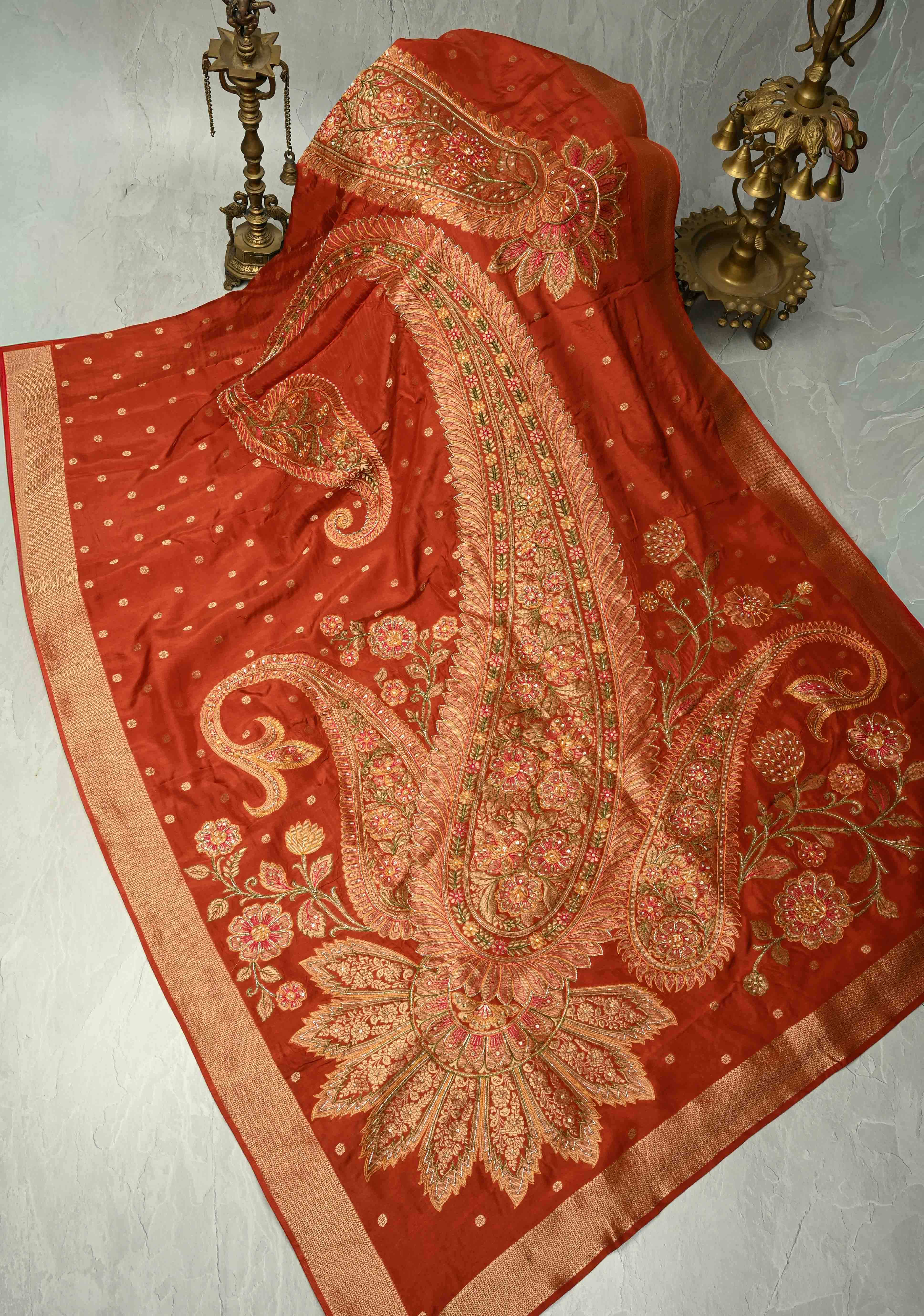 Burnt Orange Vegan Soft Silk prestitched Saree with Paisley Motifs- Moti, Cutdana work and Zari Border Ready to Wear Saree