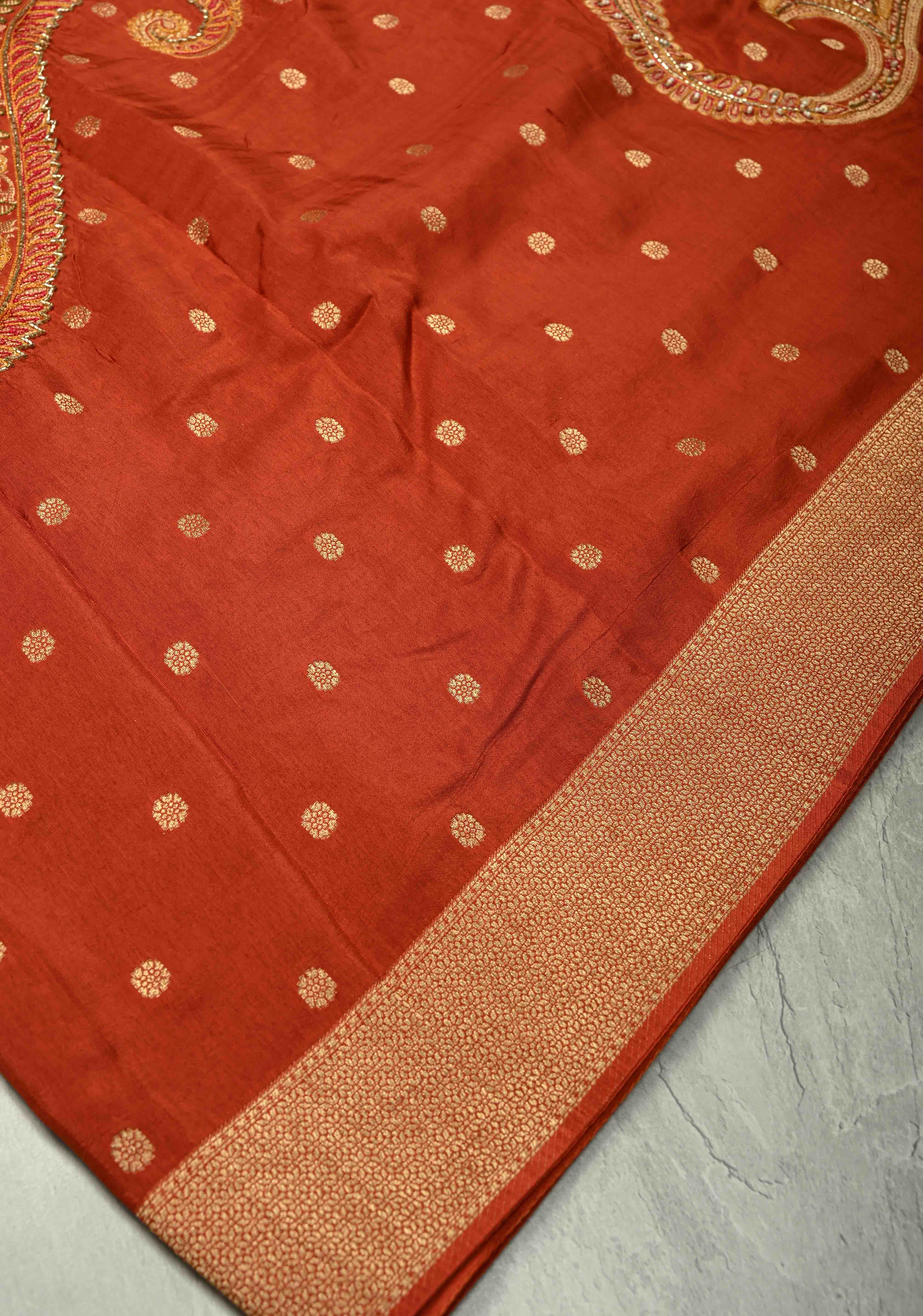 Burnt Orange Vegan Soft Silk prestitched Saree with Paisley Motifs- Moti, Cutdana work and Zari Border Ready to Wear Saree