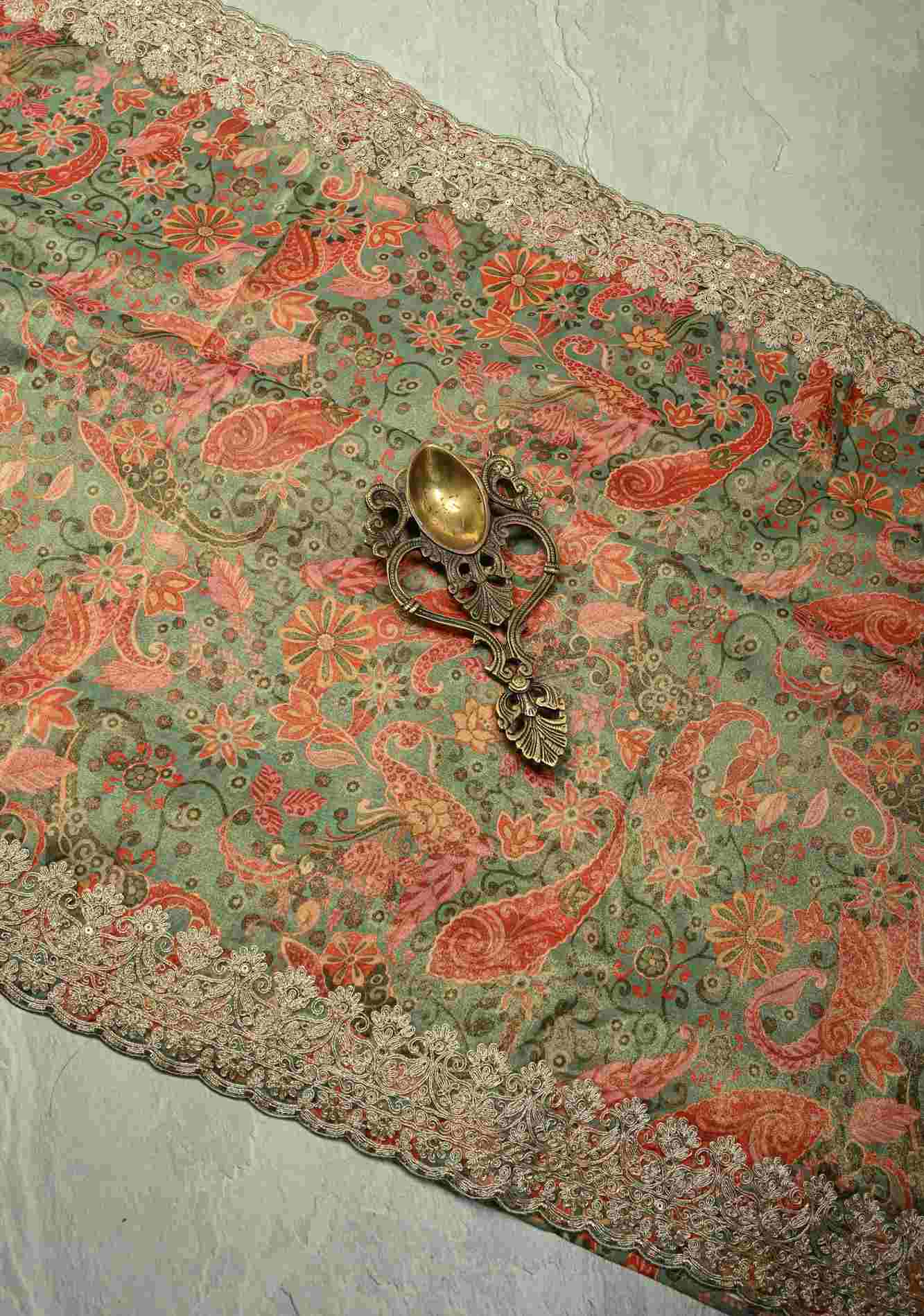 Vegan Tissue stitched Saree with Digital Print and Cord Pitta Embroidery Border, No Blouse Piece Ready to Wear Saree