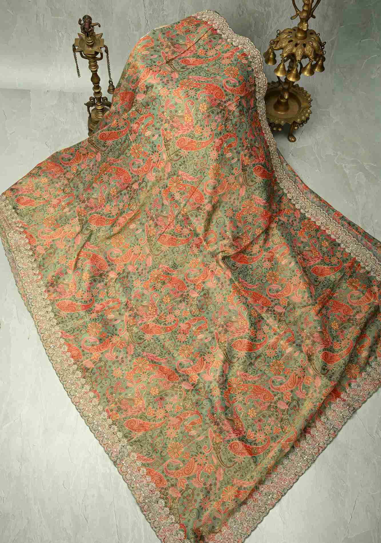 Vegan Tissue stitched Saree with Digital Print and Cord Pitta Embroidery Border, No Blouse Piece Ready to Wear Saree