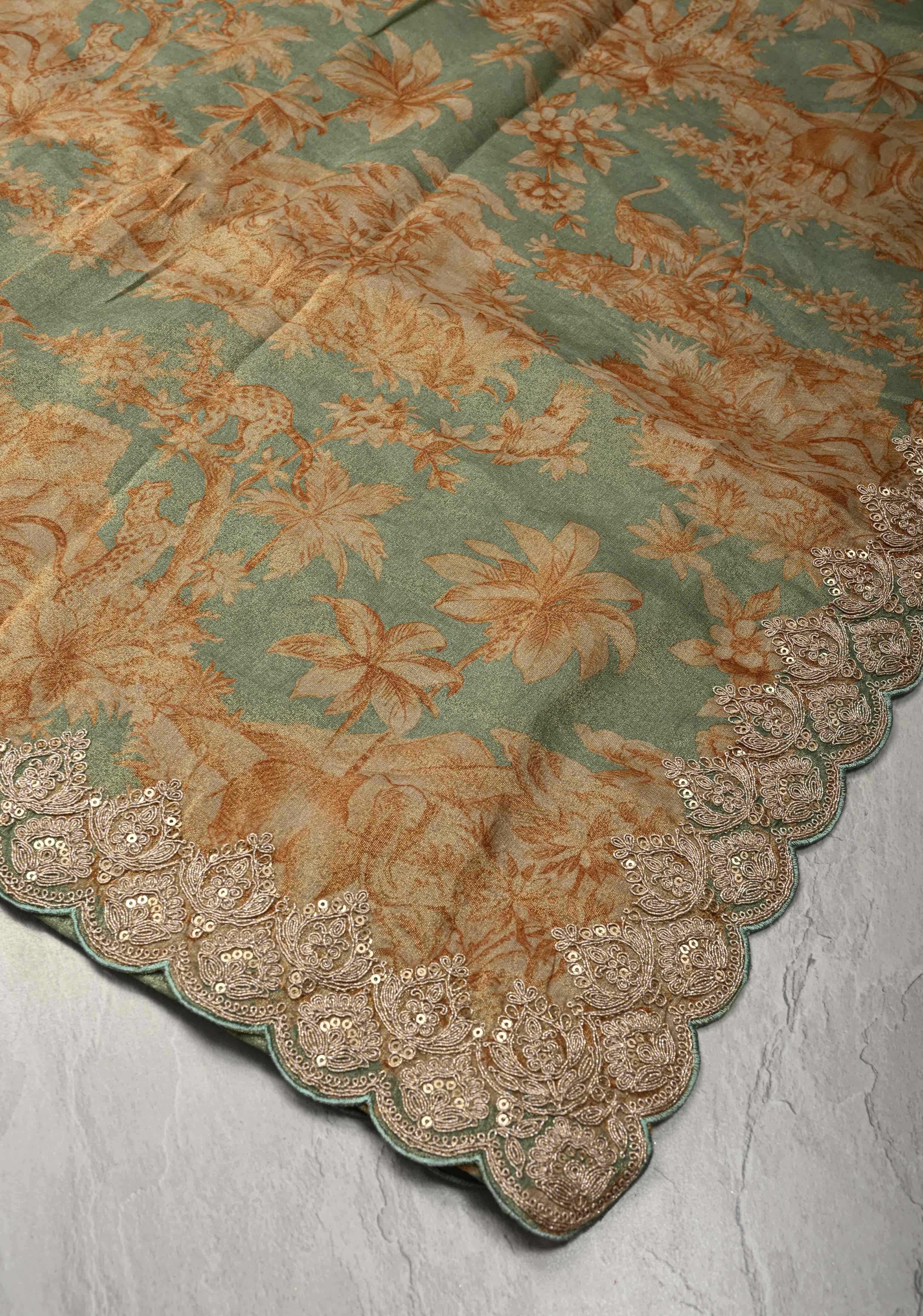 Dusty Sage Green Vegan Silk Viscose Tissue Saree with Printed Floral Pattern and Antique Gold Embroidery Scallop Border | Shobitam