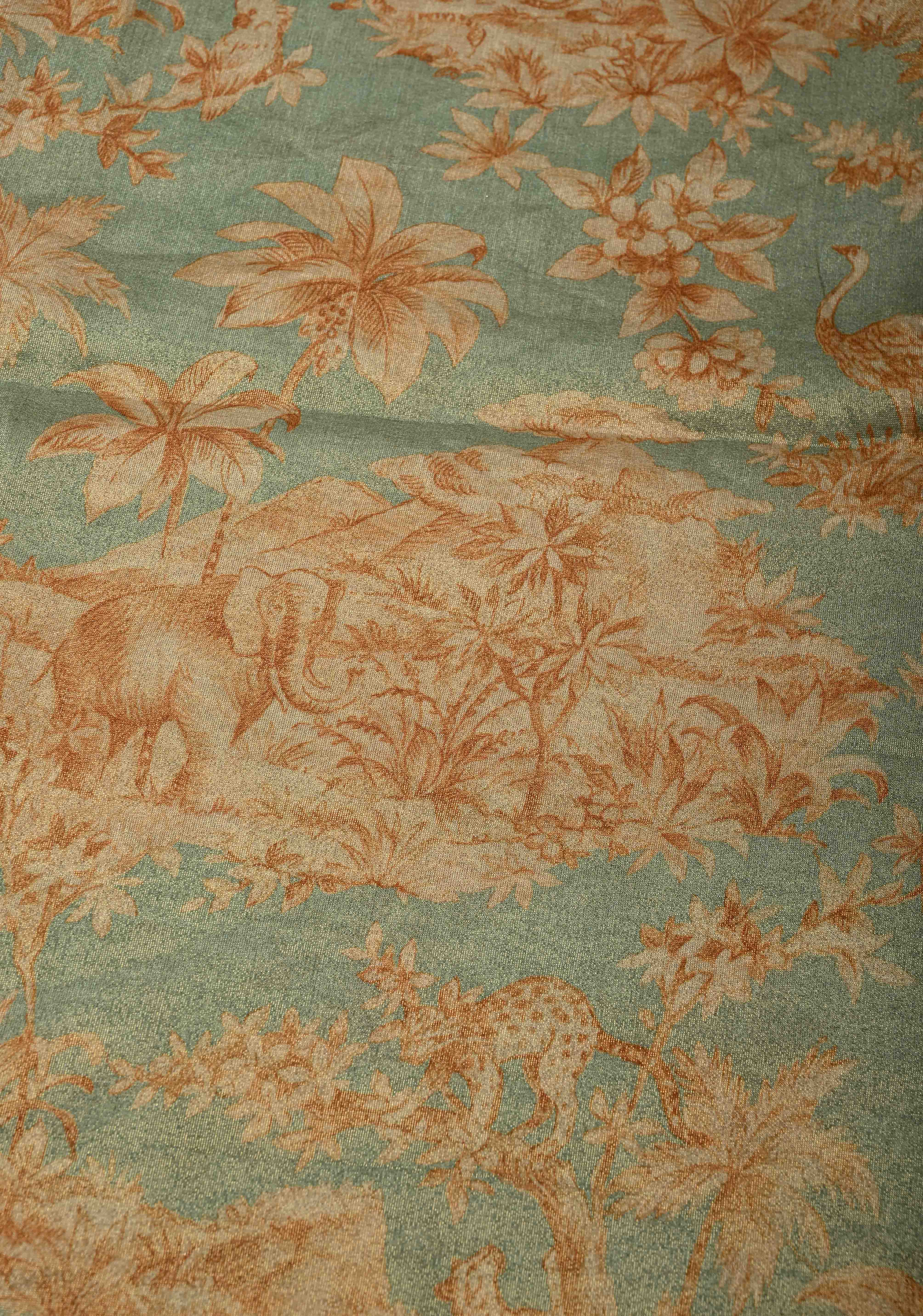 Dusty Sage Green Vegan Silk Viscose Tissue Saree with Printed Floral Pattern and Antique Gold Embroidery Scallop Border | Shobitam