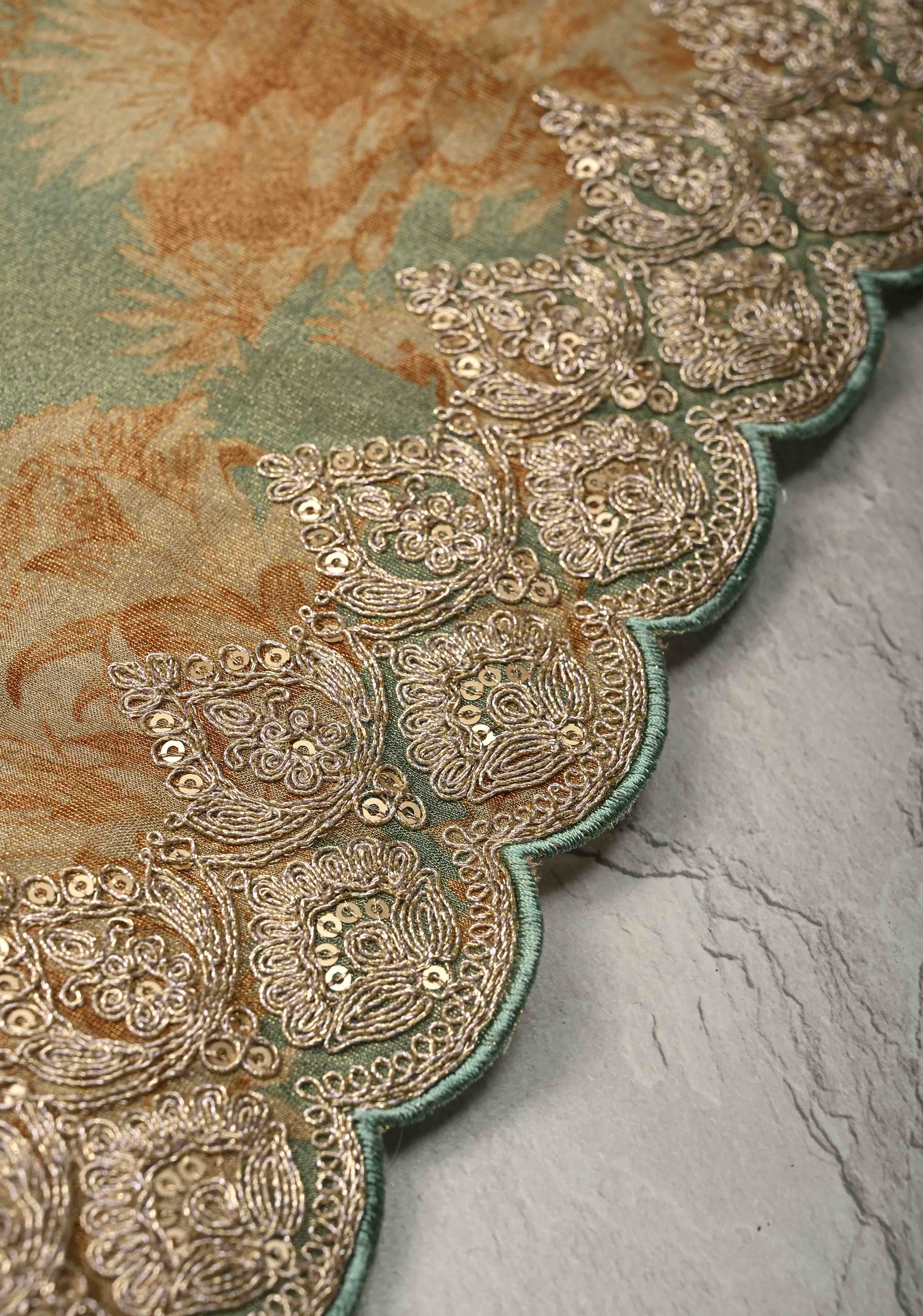 Dusty Sage Green Vegan Silk Viscose Tissue Saree with Printed Floral Pattern and Antique Gold Embroidery Scallop Border | Shobitam