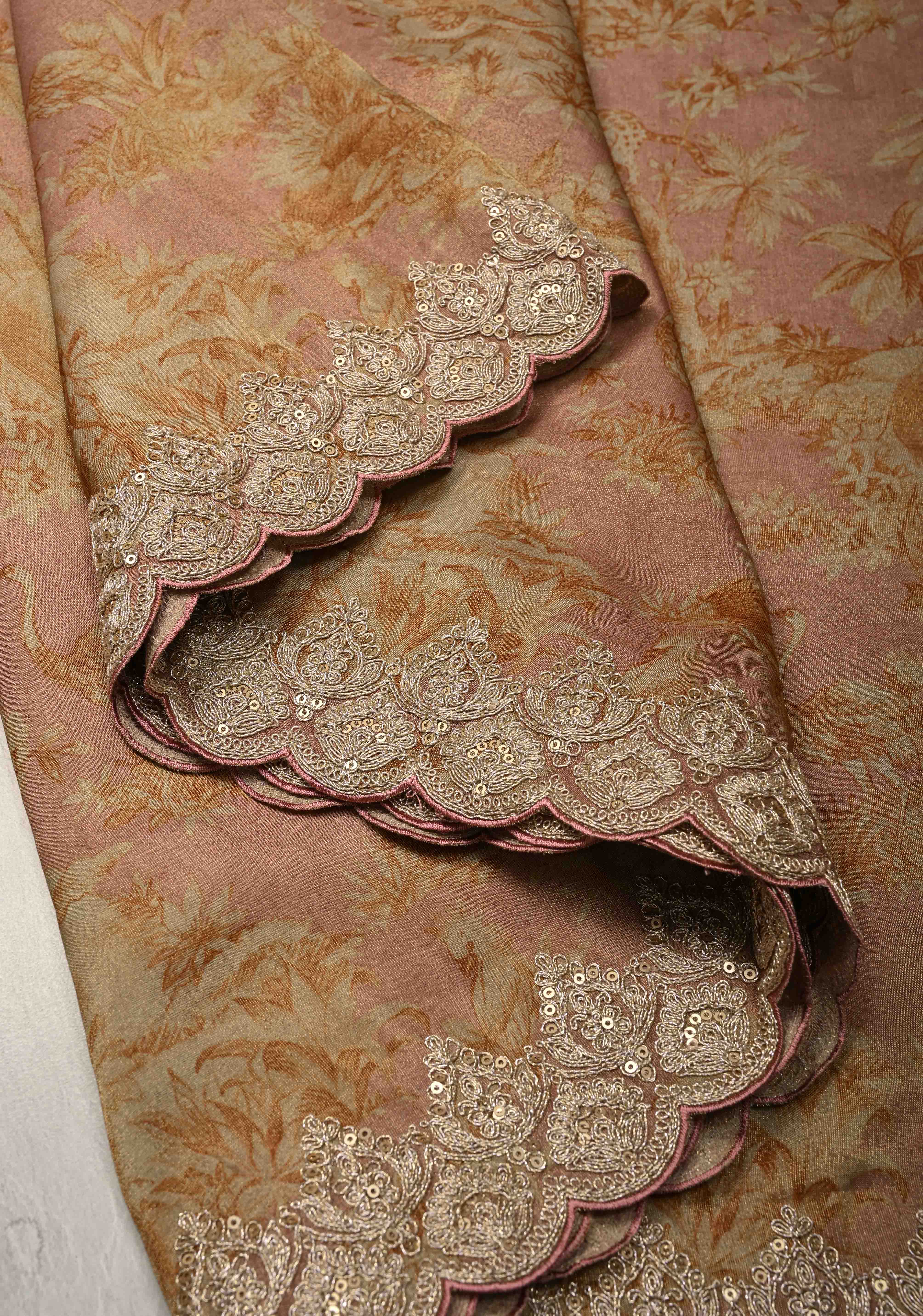 Dusty Rose Vegan Viscose Tissue Saree with Printed Toile Pattern and Cord Pitta Embroidery Scallop Border | Shobitam