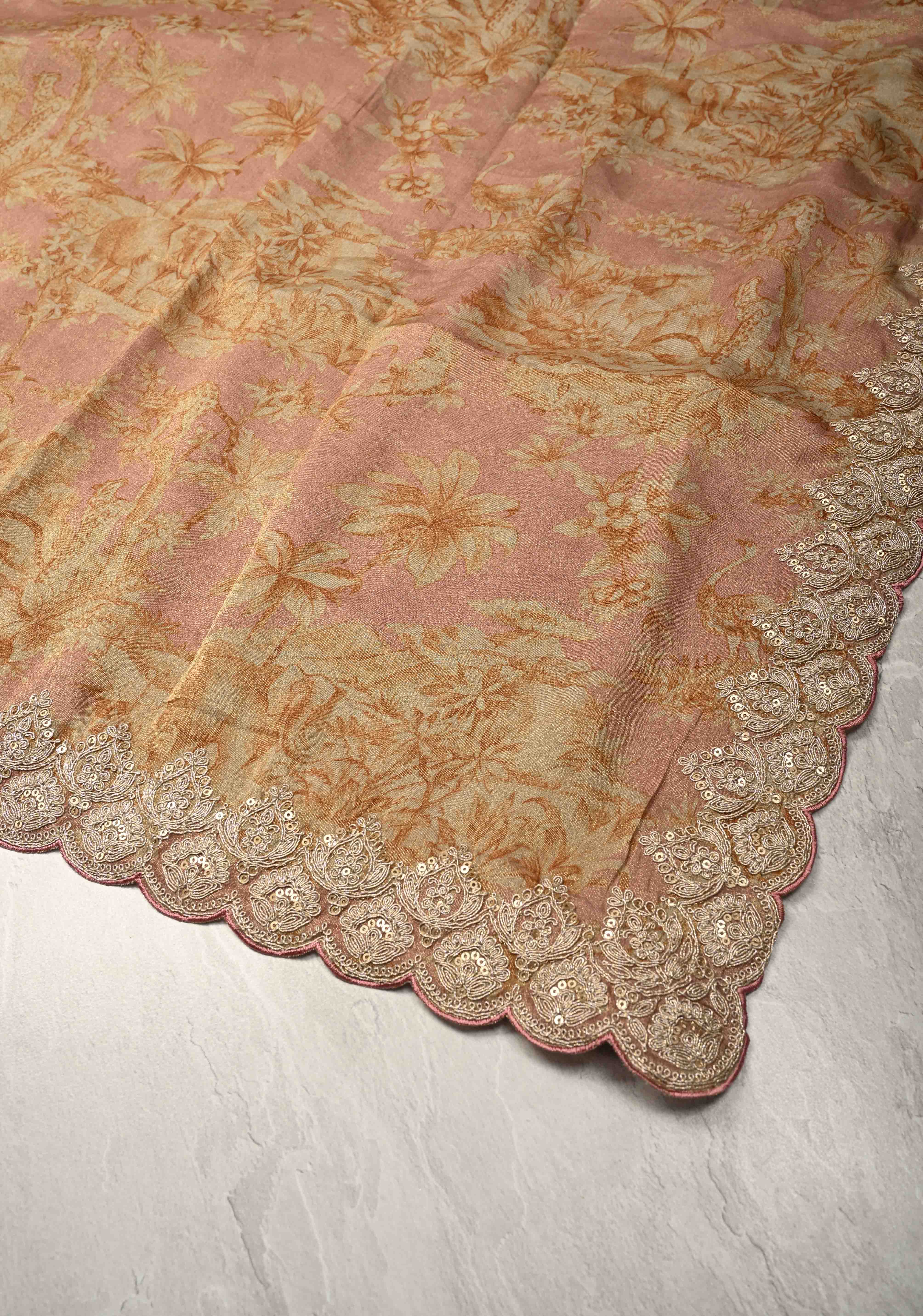 Dusty Rose Vegan Viscose Tissue Saree with Printed Toile Pattern and Cord Pitta Embroidery Scallop Border | Shobitam