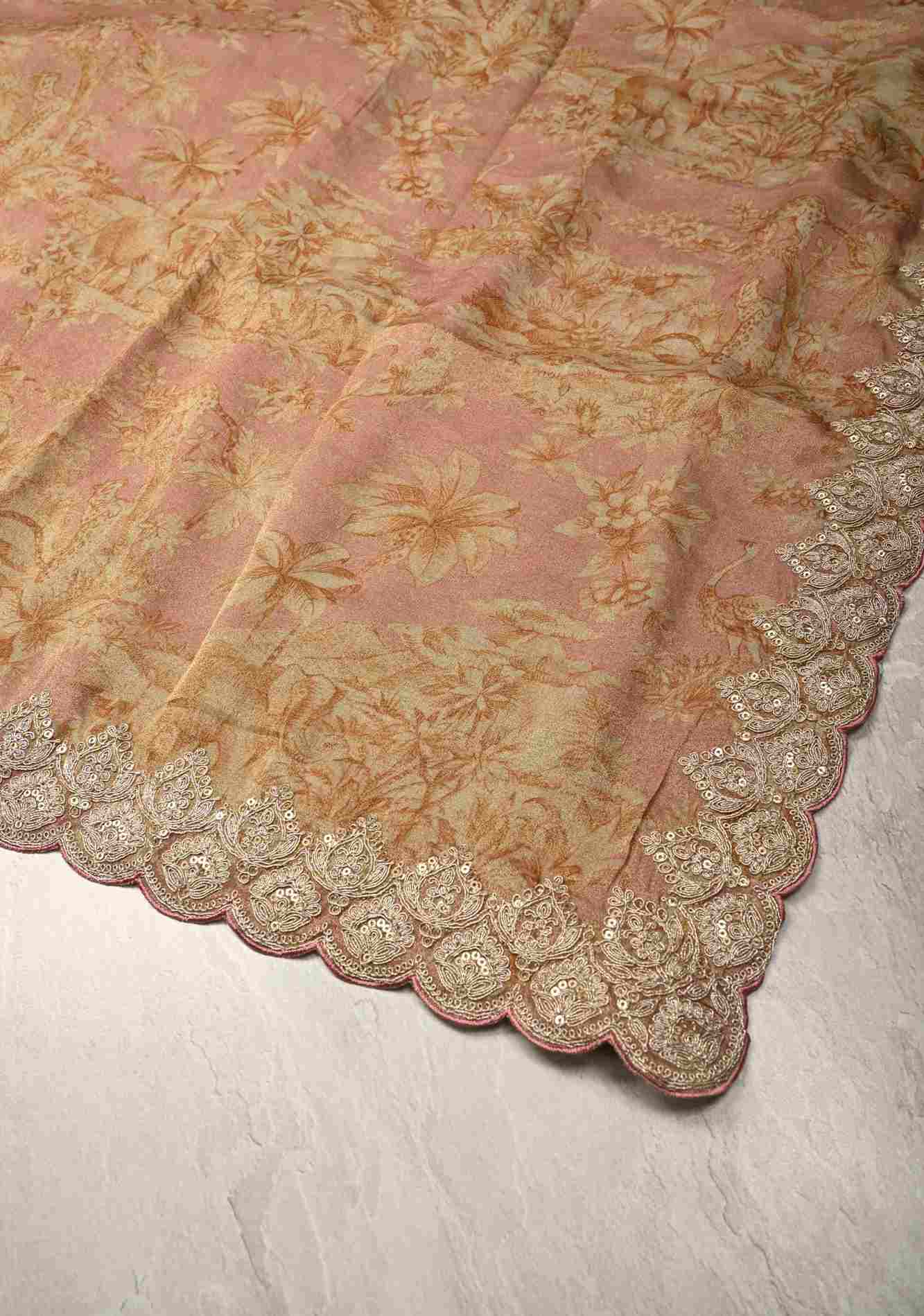 Dusty Rose Vegan Viscose Tissue  prestitched Saree with Printed Toile Pattern and Cord Pitta Embroidery Scallop Border, No Blouse Piece Ready to Wear Saree